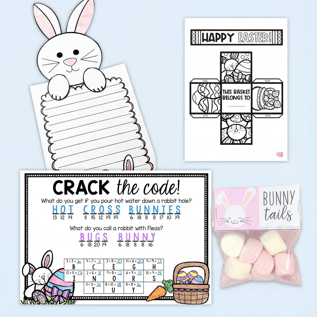 Collection of Easter-themed printables and candy on a light blue background