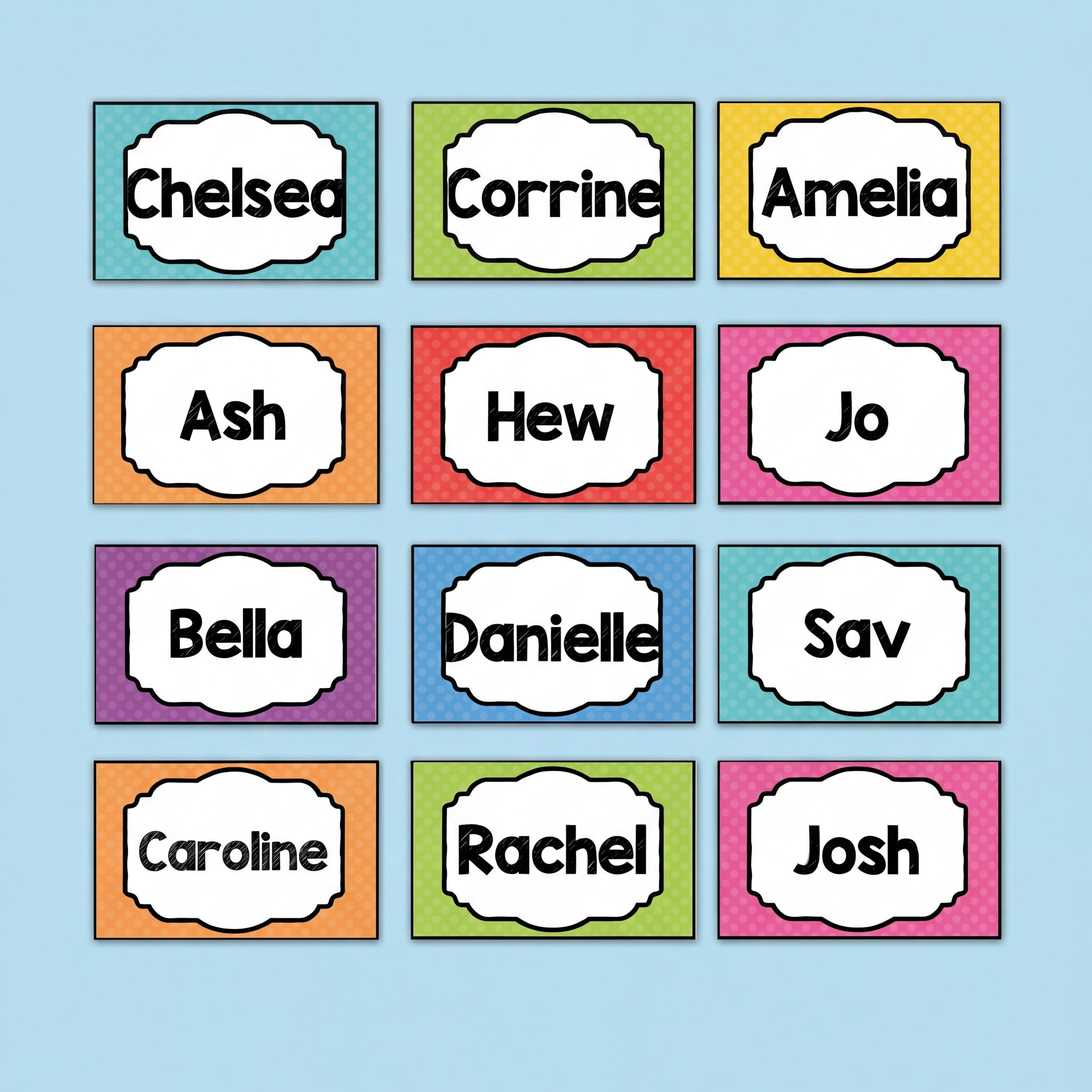 A collection of vibrant name tags with student names written in bold black text. Each tag has a different coloured background with a polka-dot pattern.
