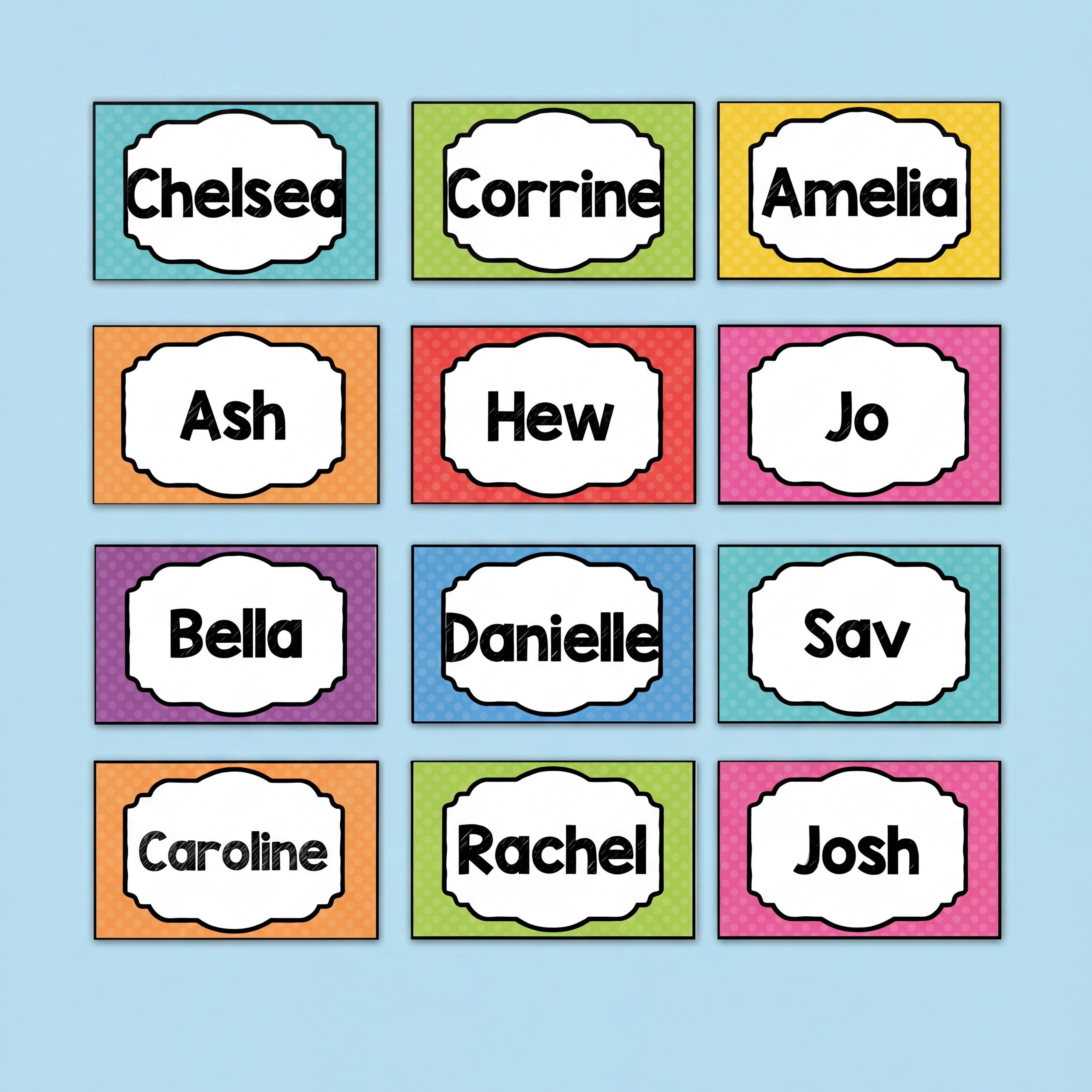 A collection of vibrant name tags with student names written in bold black text. Each tag has a different coloured background with a polka-dot pattern.