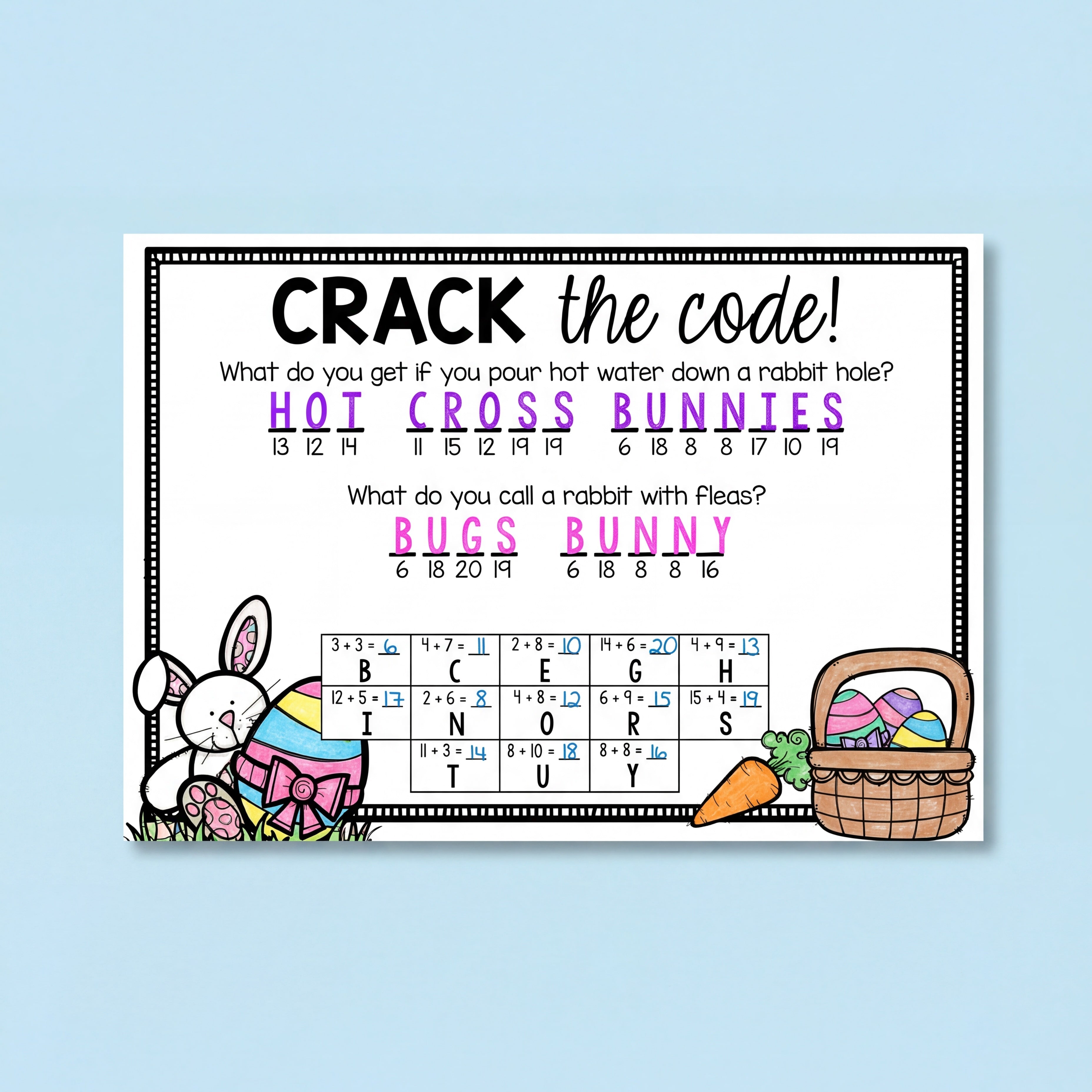 Printable Easter-themed “Crack the Code!” worksheet featuring two rabbit jokes solved using simple math equations. The completed answers read “HOT CROSS BUNNIES” and “BUGS BUNNY.” A bunny holding a decorated Easter egg appears in the bottom left corner, and a basket of colorful eggs and a carrot are shown on the right.