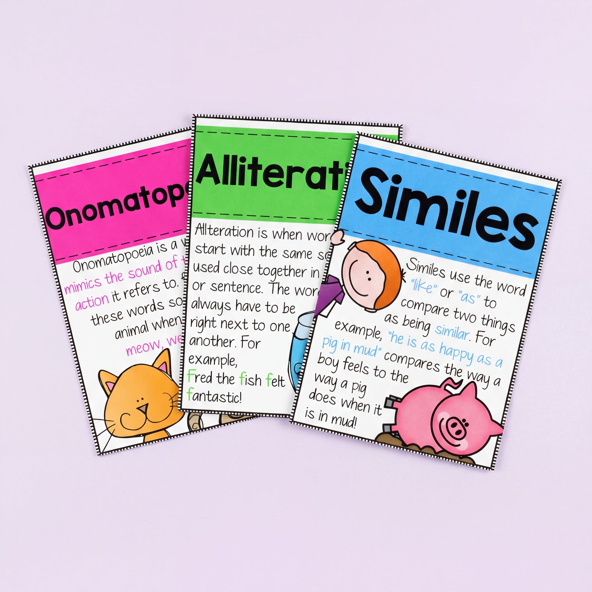 Three colourful posters explaining literary concepts: Onomatopoeia with a cat illustration and examples like 'meow' and 'woof,' Alliteration with a fish illustration and the example 'Fred the fish felt fantastic,' and Similes with a pig and child illustration, including the example 'as happy as a pig in mud.'