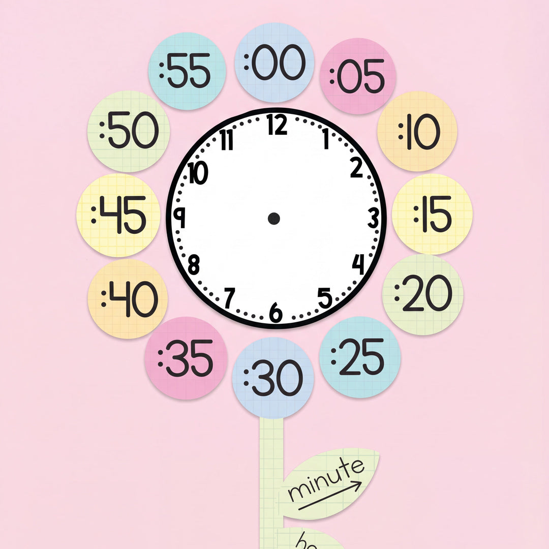 A flower-shaped clock learning tool with a blank clock face in the center and pastel-coloured minute markers arranged in a circular pattern. The stem includes labeled leaves for 'minute' and 'hour,' with a pair of pink scissors in the corner.