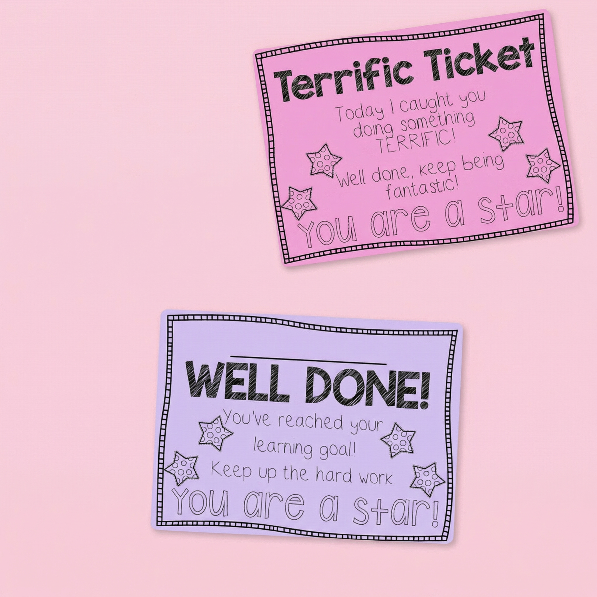 Teacher reward tickets in pastel colours featuring “Terrific Ticket” and “Well Done” messages, classroom praise cards for student motivation and positive reinforcement