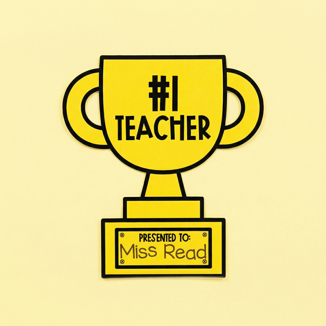 #1 Teacher trophy craft for teacher appreciation, World Teachers’ Day, thank-you gifts, and classroom displays.
