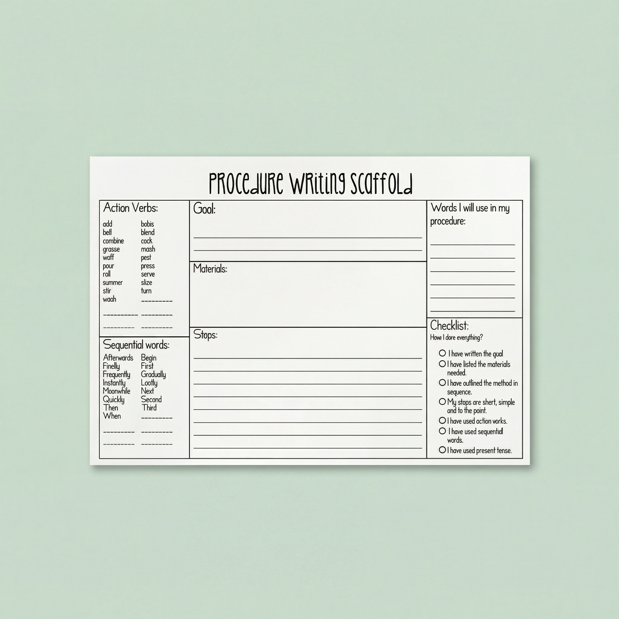 A black-and-white procedure writing scaffold worksheet is displayed on a soft green background. The printable template includes sections for goals, materials, steps, action verbs, sequential words, and a writing checklist to help students plan and organise procedural texts clearly and effectively.