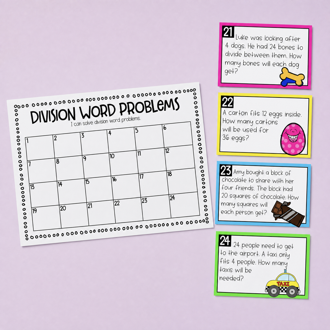 Printable division word problem task cards and recording worksheet for primary maths classrooms. Engaging resource designed to help students practise division strategies, problem solving, sharing equally, grouping, and real-world maths applications. Perfect for maths centres, guided groups, fast finisher activities, intervention, homework, homeschooling, and independent practice. Ideal for Year 2, Year 3 and Year 4 students learning division concepts and word problem skills.