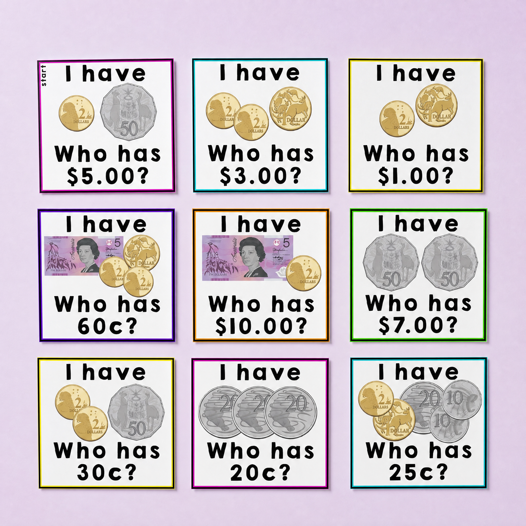 Australian money “I Have, Who Has?” maths game cards featuring Australian coins and notes for money recognition, counting money and classroom maths activities.