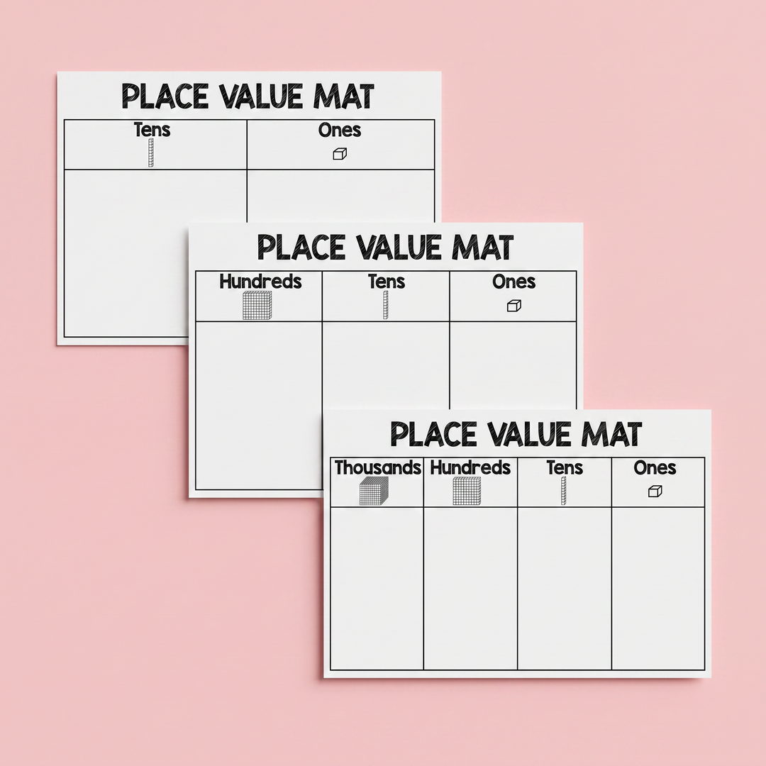 A set of three place value mats designed for teaching mathematics. The first mat features columns labeled 'Tens' and 'Ones' with visual cube representations. The second mat includes 'Hundreds,' 'Tens,' and 'Ones,' while the third expands to 'Thousands,' 'Hundreds,' 'Tens,' and 'Ones.' 