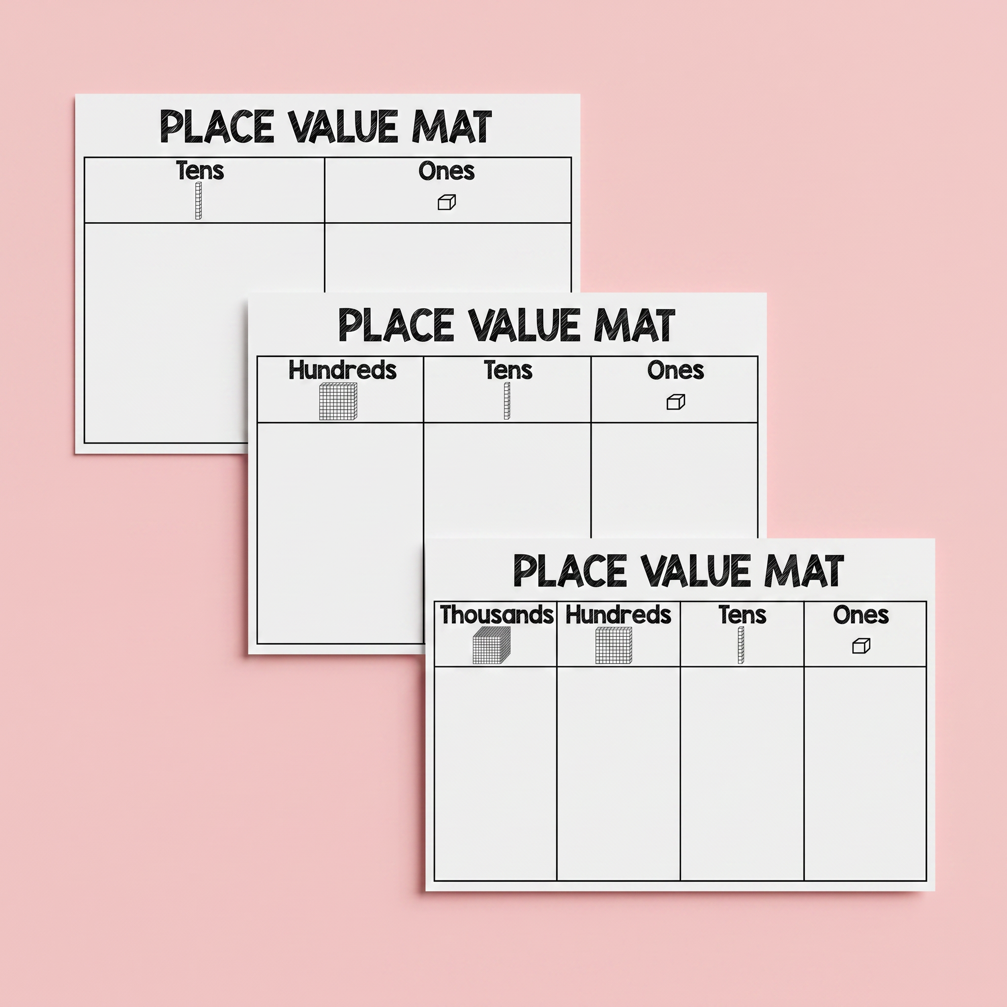 A set of three place value mats designed for teaching mathematics. The first mat features columns labeled 'Tens' and 'Ones' with visual cube representations. The second mat includes 'Hundreds,' 'Tens,' and 'Ones,' while the third expands to 'Thousands,' 'Hundreds,' 'Tens,' and 'Ones.' 