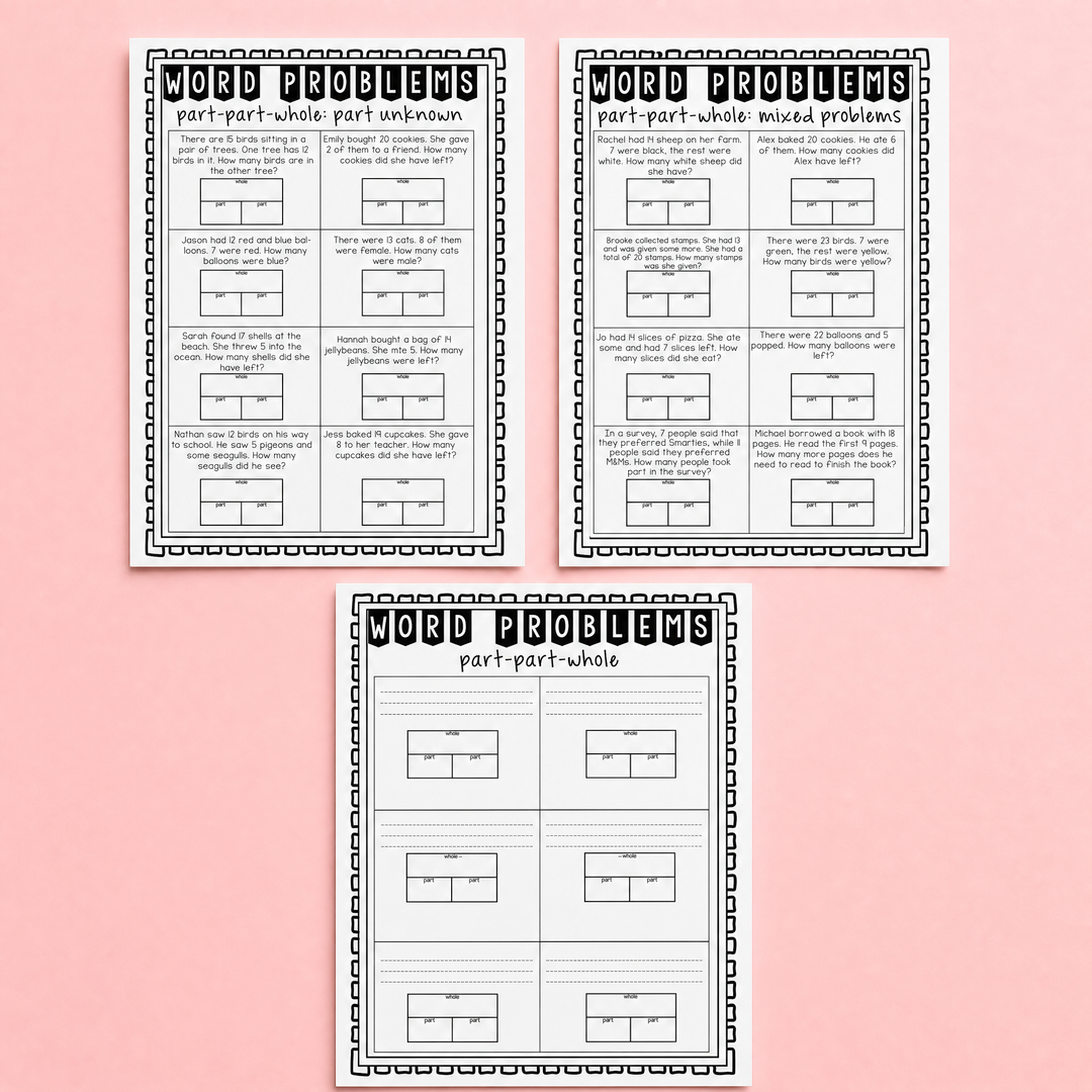 Printable part-part-whole word problem worksheets focused on building early addition and subtraction problem-solving skills. Includes mixed problems, part unknown tasks, and blank templates using visual part-whole models to help students represent and solve number stories independently.
