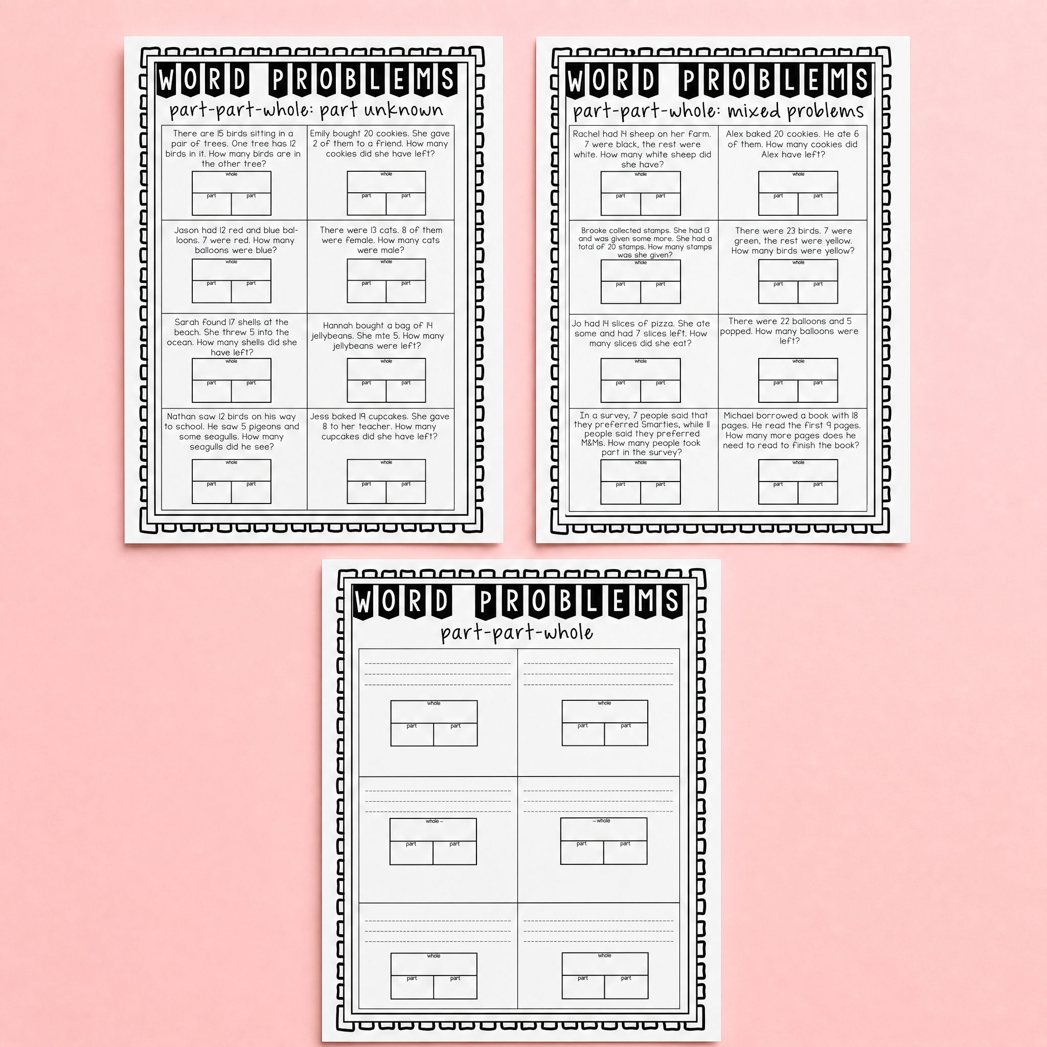 Printable part-part-whole word problem worksheets focused on building early addition and subtraction problem-solving skills. Includes mixed problems, part unknown tasks, and blank templates using visual part-whole models to help students represent and solve number stories independently.
