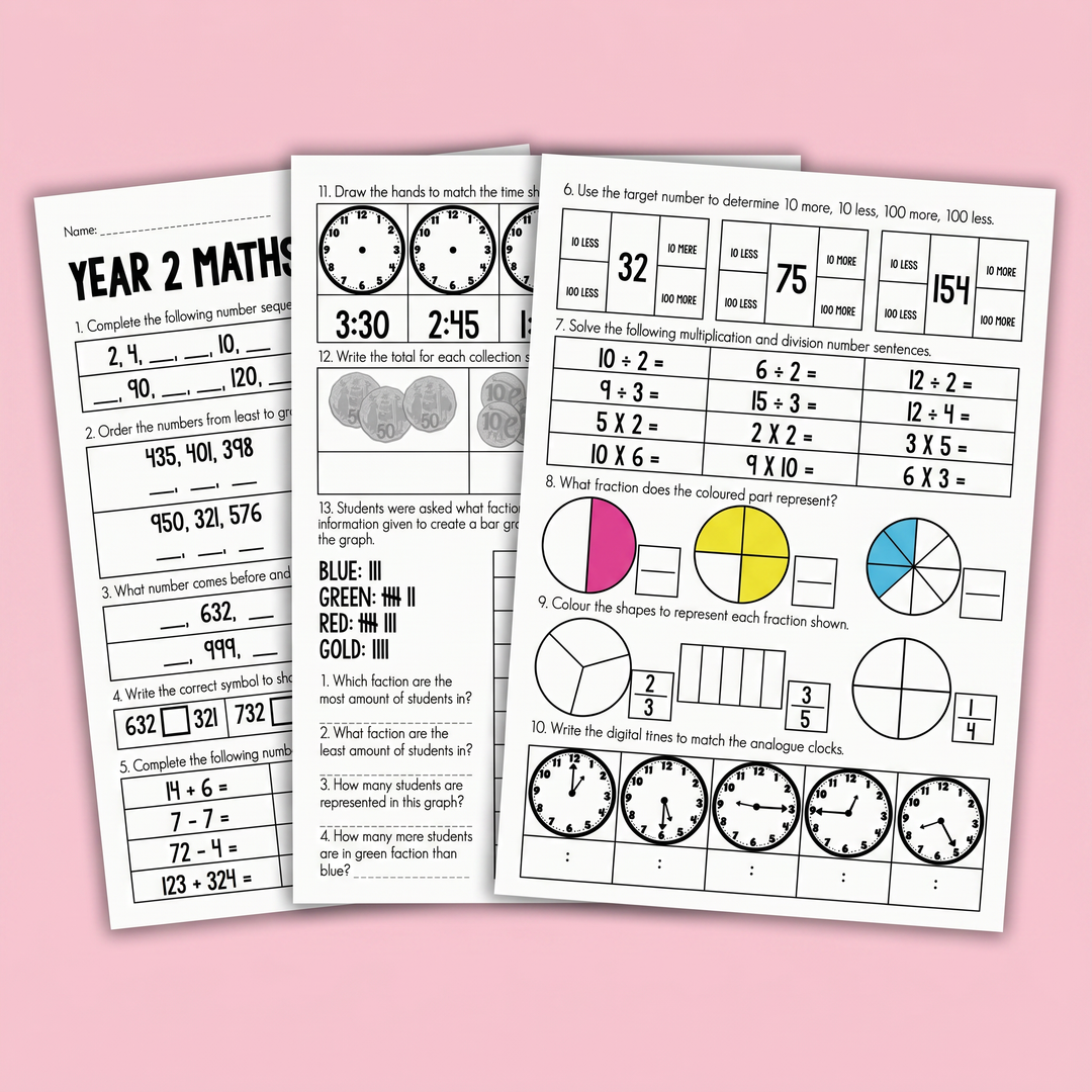 A comprehensive Year 2 maths worksheet pack covering a wide range of key numeracy skills including number patterns, place value, fractions, time, multiplication and division, ordering numbers, and problem solving. These no-prep worksheets are perfect for revision, assessment, homework, morning work, or independent maths practice while reinforcing core curriculum concepts in an engaging and accessible format.
