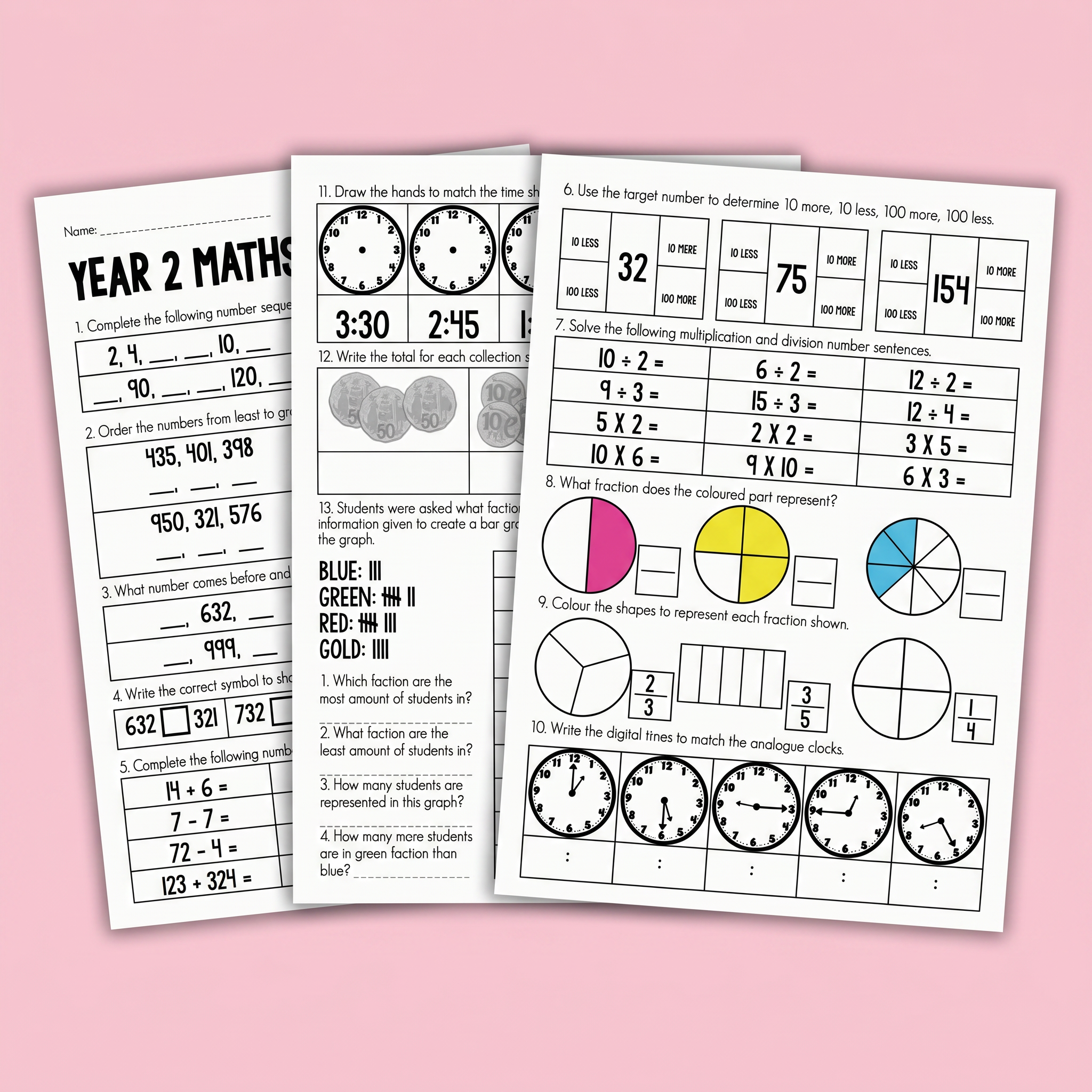 A comprehensive Year 2 maths worksheet pack covering a wide range of key numeracy skills including number patterns, place value, fractions, time, multiplication and division, ordering numbers, and problem solving. These no-prep worksheets are perfect for revision, assessment, homework, morning work, or independent maths practice while reinforcing core curriculum concepts in an engaging and accessible format.
