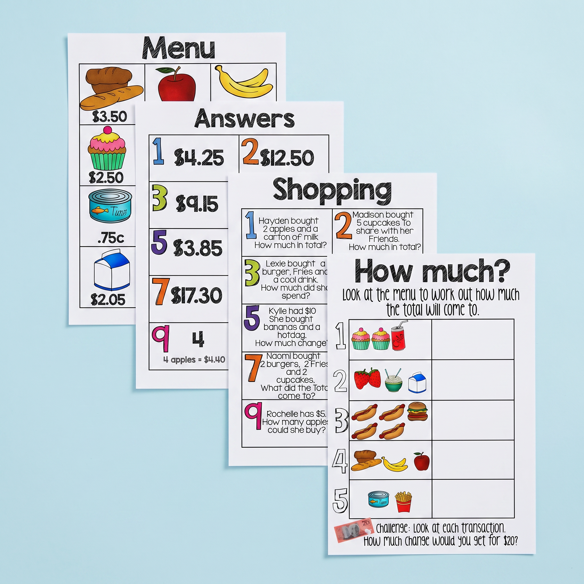 Australian money shopping activity pack featuring menu maths worksheets, money word problems, calculating totals tasks and Australian currency practice activities.