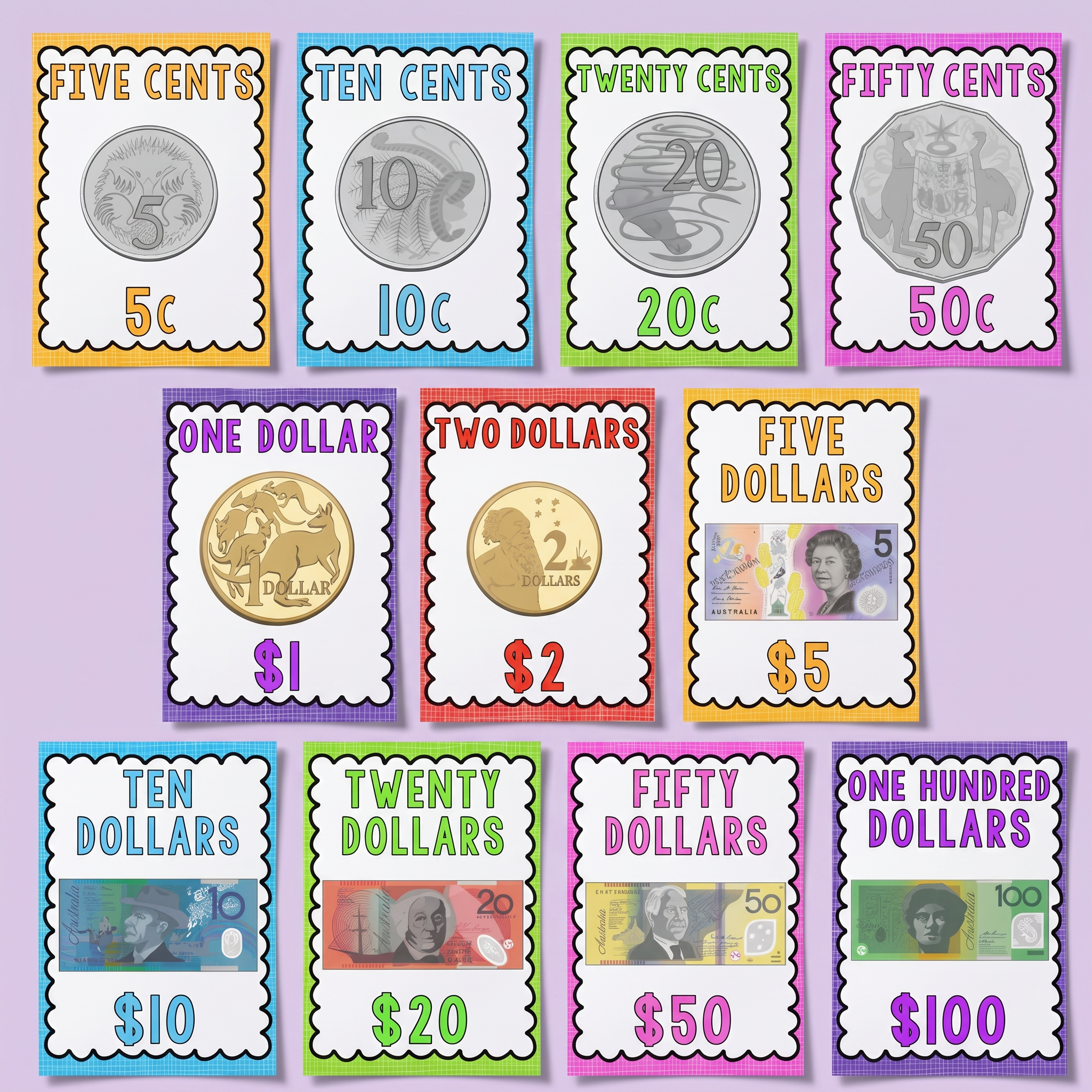 A colourful set of educational posters displaying Australian currency, including coins and banknotes. Each poster features a denomination, a corresponding image of the currency, and a bold label such as "Five Cents," "One Dollar," and "Fifty Dollars." The design includes bright borders and large, clear text.