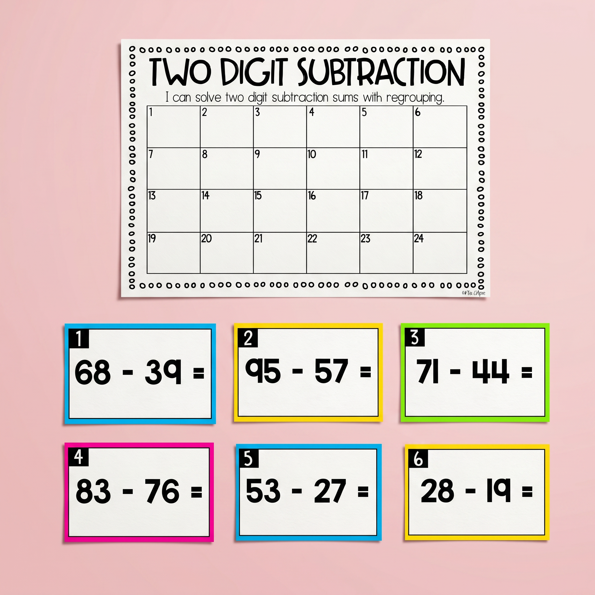 A hands-on two-digit subtraction activity designed to help students practise subtraction with regrouping. These task cards support number sense, borrowing strategies, and fluency with larger subtraction problems, making them perfect for maths centres, independent work, or guided practice sessions.