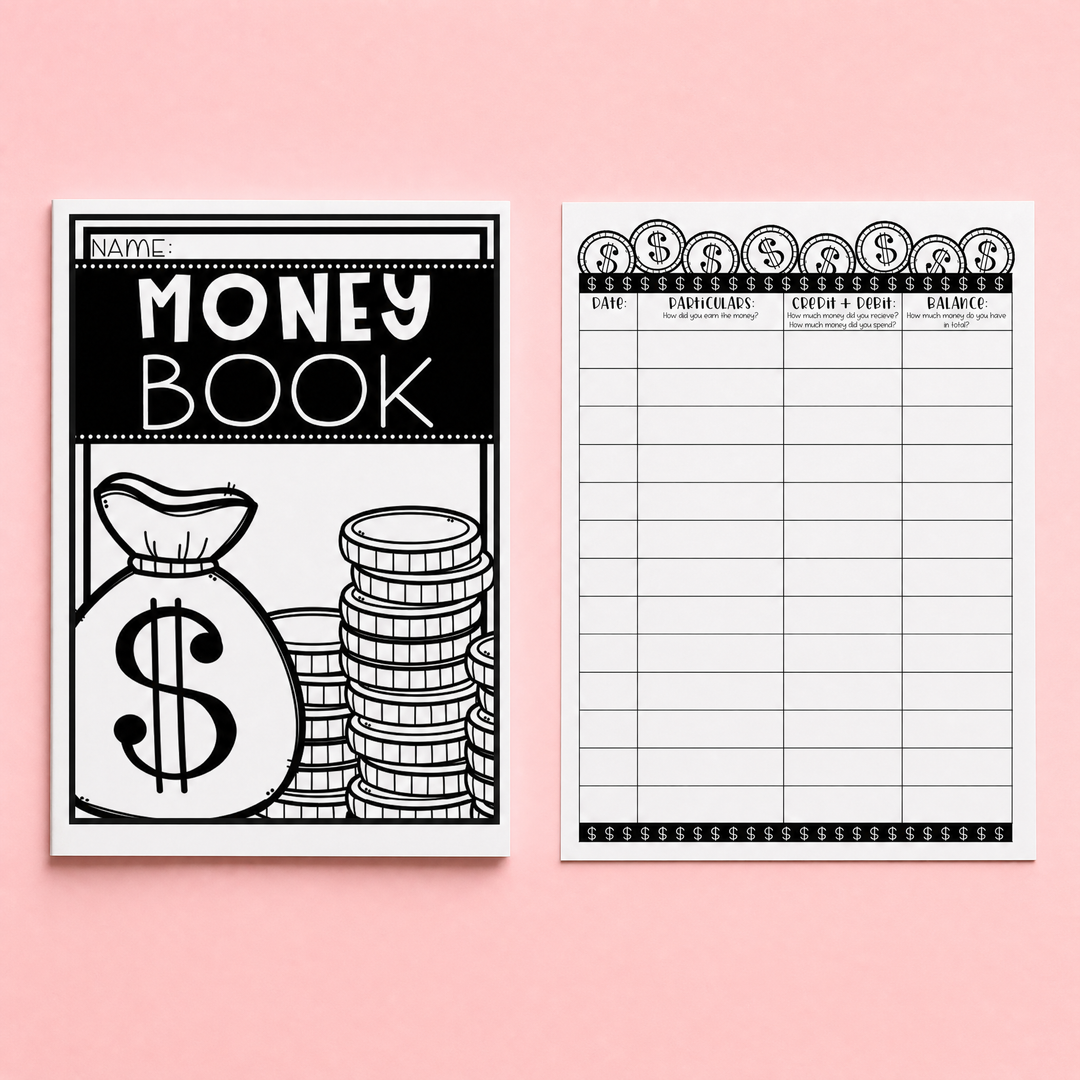 Printable classroom money book template for teaching financial literacy, budgeting, and money tracking skills. Includes a cover page and transaction log pages for recording income, spending, and balances in a simple student-friendly format.