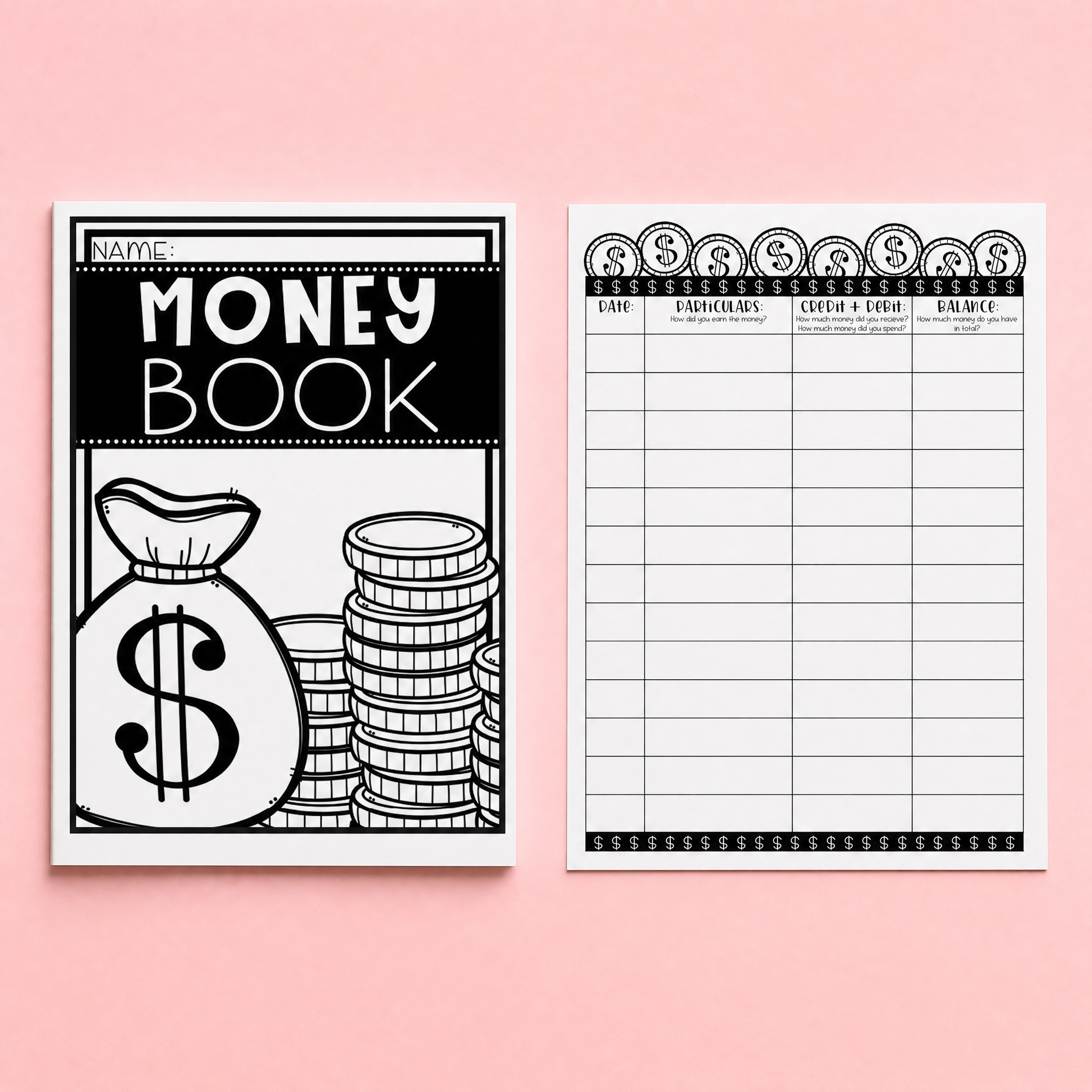 Printable classroom money book template for teaching financial literacy, budgeting, and money tracking skills. Includes a cover page and transaction log pages for recording income, spending, and balances in a simple student-friendly format.