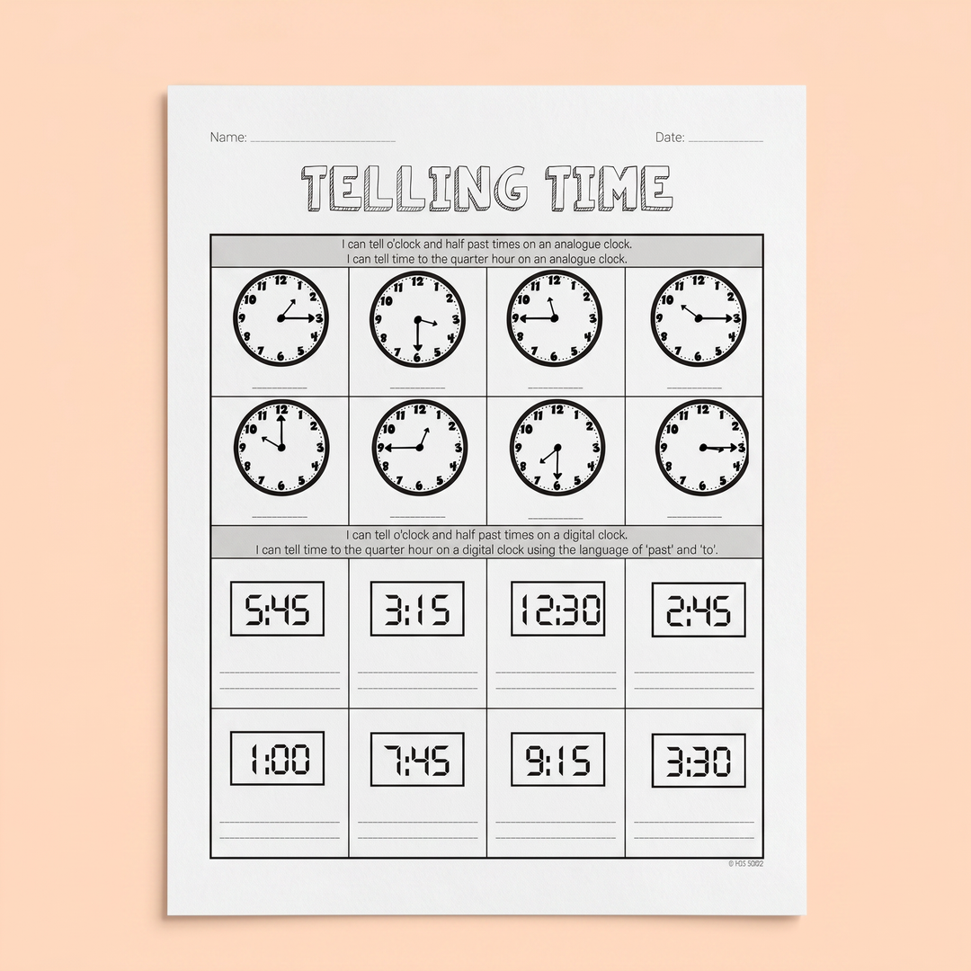 Printable worksheets titled 'Telling Time' for Year 2 students. The sheet features analogue clocks with various times and spaces for students to write corresponding digital times, focusing on 'quarter past' and 'quarter to.' 