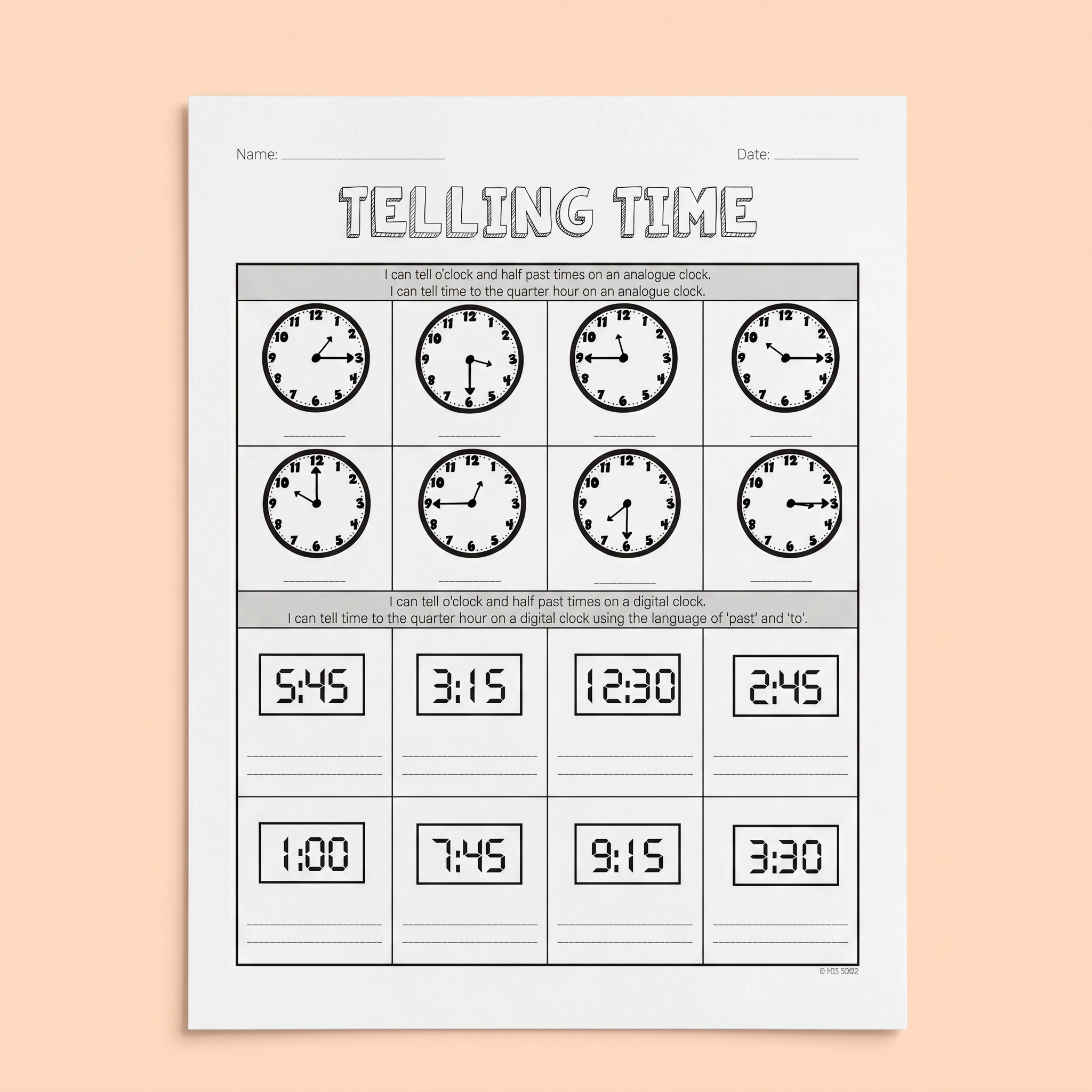 Printable worksheets titled 'Telling Time' for Year 2 students. The sheet features analogue clocks with various times and spaces for students to write corresponding digital times, focusing on 'quarter past' and 'quarter to.' 
