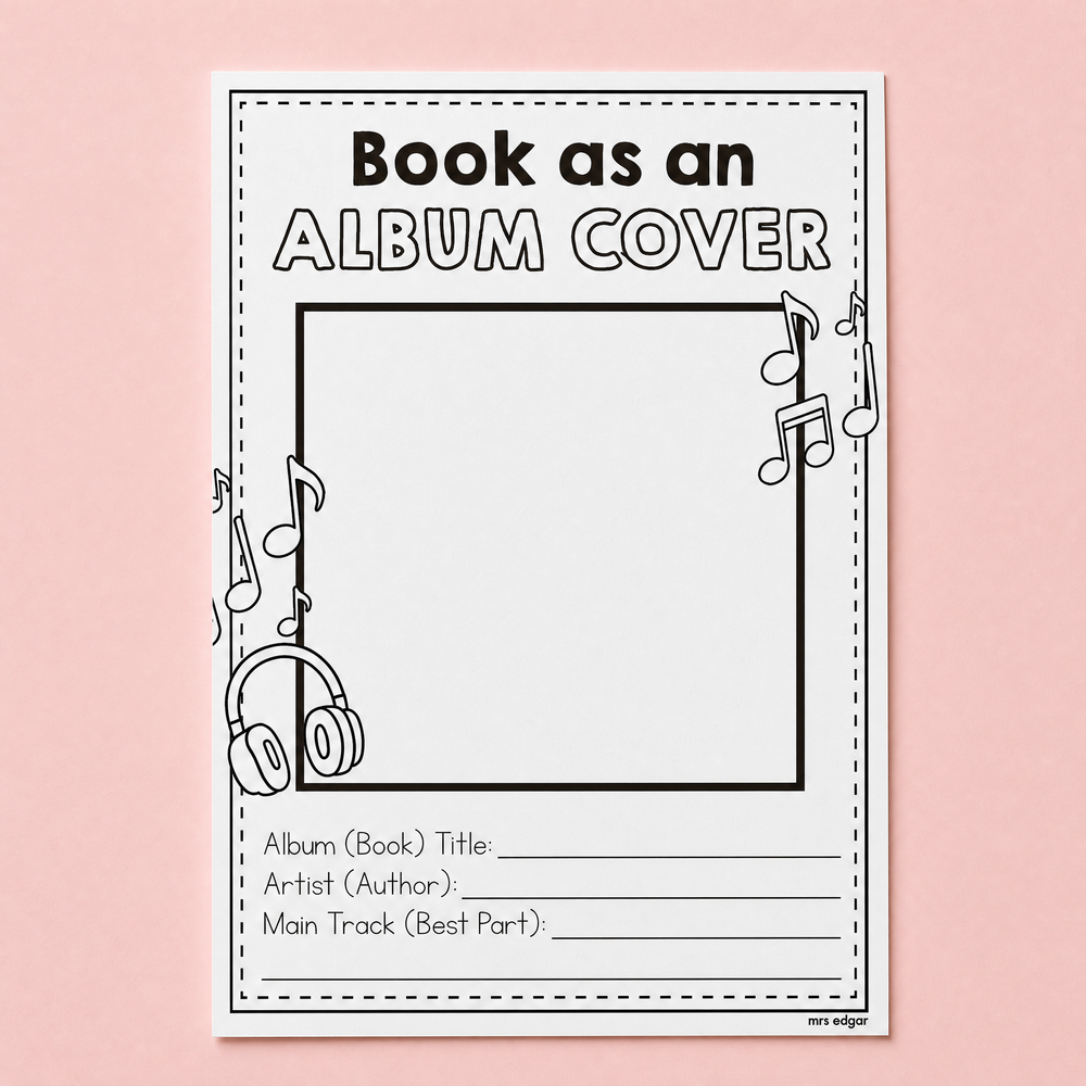 Blank worksheet for students to create a Book as Album Cover, with fields for title, artist, and main track information.