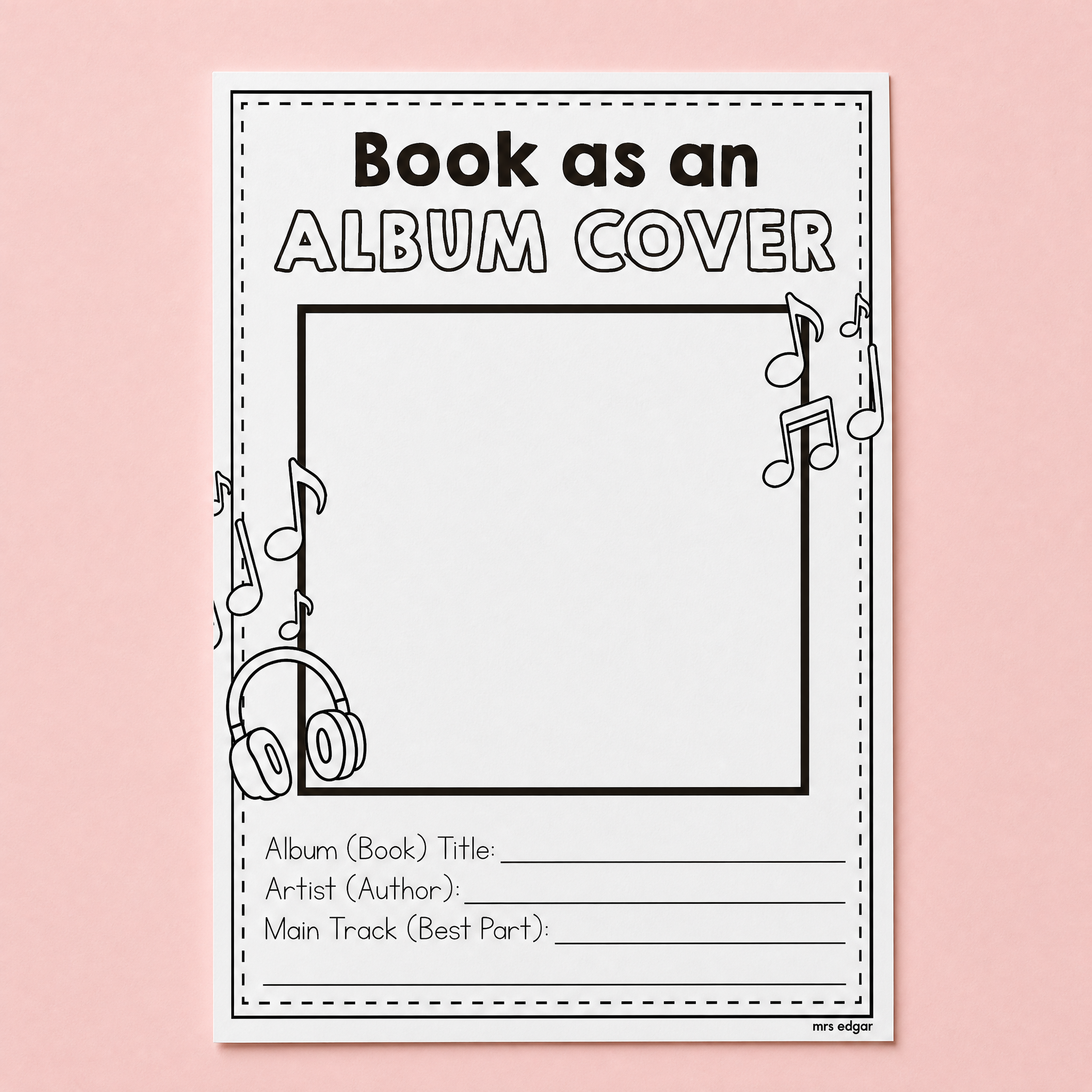 Blank worksheet for students to create a Book as Album Cover, with fields for title, artist, and main track information.