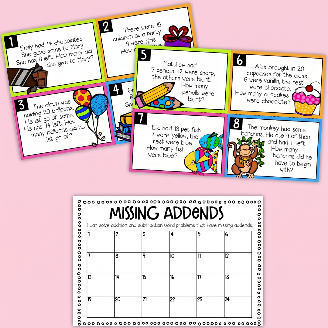 Missing addends maths activity pack featuring colourful word problem task cards and a matching recording worksheet. Designed to help students practise solving addition and subtraction problems with unknown numbers using engaging real-world scenarios.