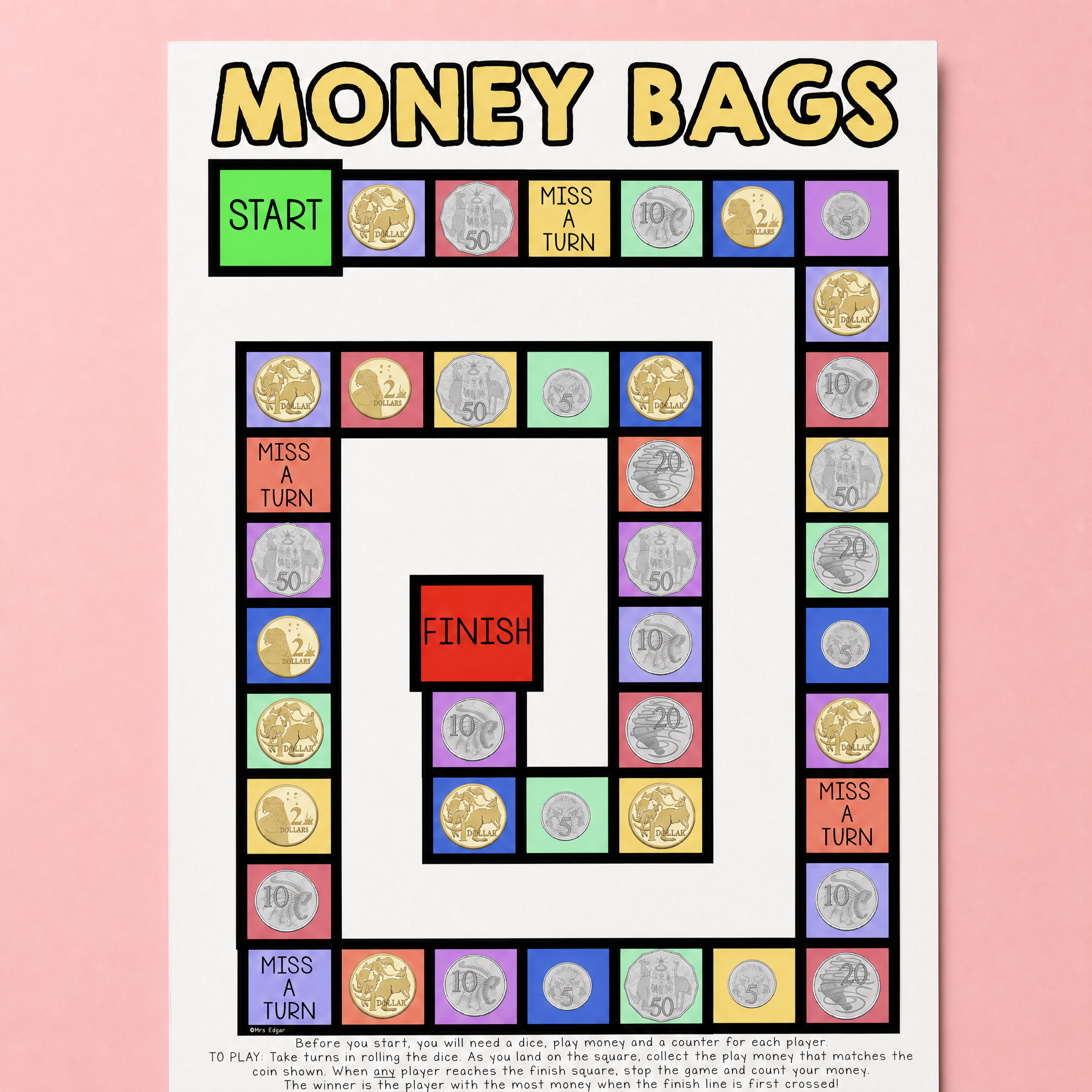 Money Bags board game with a vibrant design showcasing Australian coins, 'Miss a Turn' spaces, and a winding path from 'Start' to 'Finish.' Includes instructions for engaging students in coin counting and money skills.