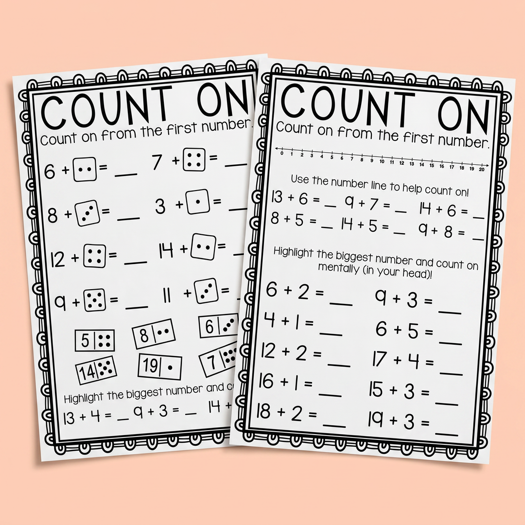 Printable count on maths worksheet for early years learners featuring dice addition, number recognition, counting strategies, and simple sums. Great hands-on resource for teaching addition within 20, counting on, mental maths, numeracy fluency, and independent practice. Perfect for Foundation, Kindergarten, Prep, Year 1, homeschool activities, maths rotations, intervention groups, and classroom worksheets.