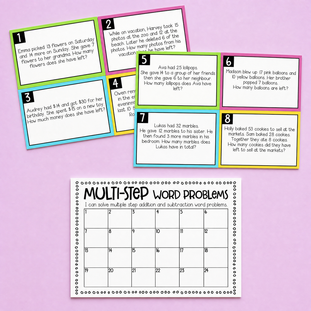 Multi-step word problem activity set featuring colourful task cards and a matching answer recording sheet. Helps students practise solving two-step addition and subtraction problems using real-life maths scenarios and critical thinking skills.