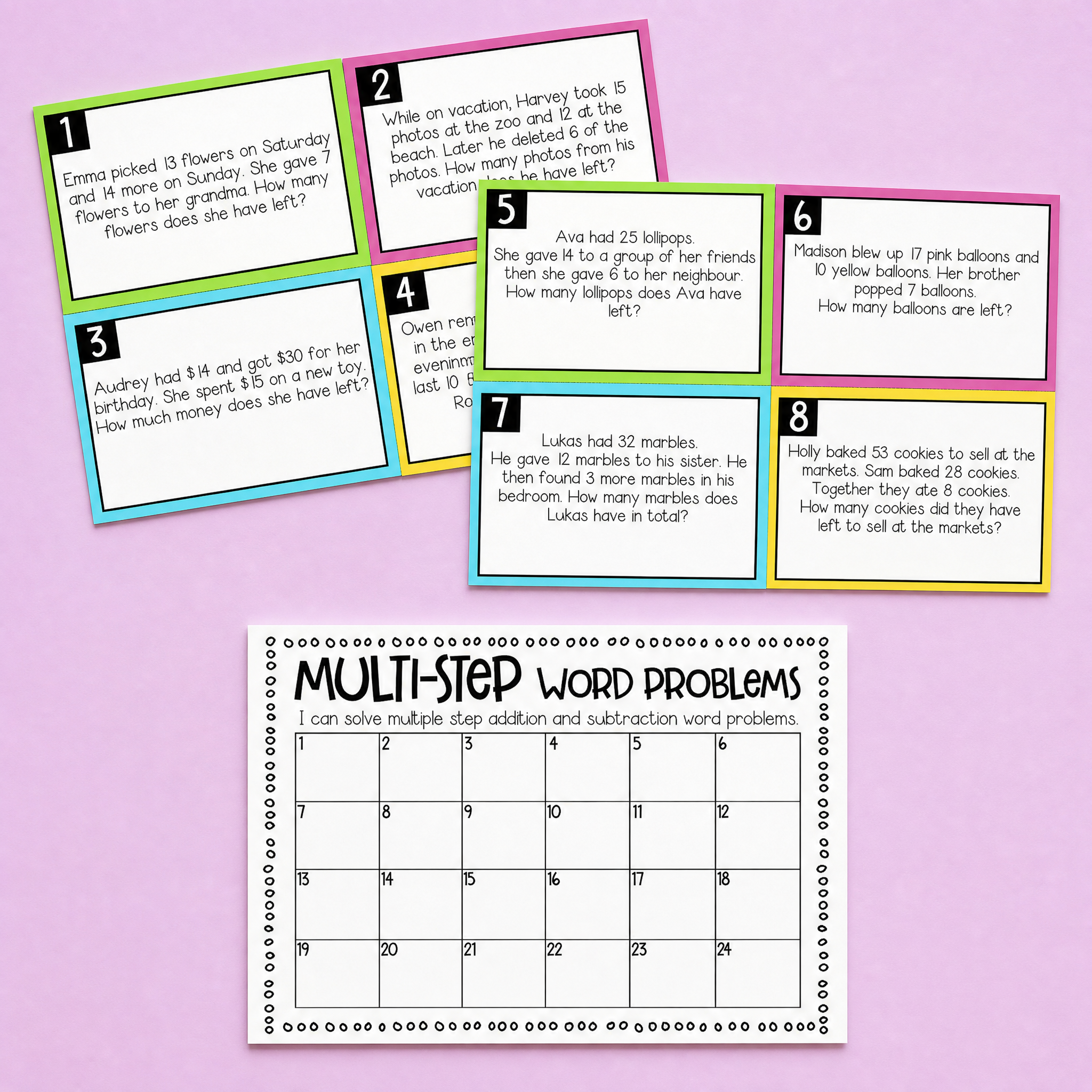 Multi-step word problem activity set featuring colourful task cards and a matching answer recording sheet. Helps students practise solving two-step addition and subtraction problems using real-life maths scenarios and critical thinking skills.