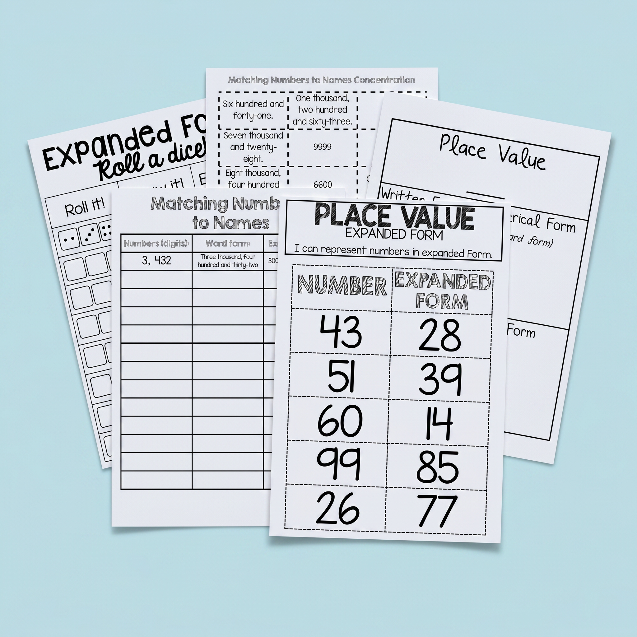 Comprehensive place value worksheets and games designed to strengthen number representation skills through expanded form, word form, standard form, and hands-on activities. Includes roll-a-dice tasks, matching numbers to names activities, place value recording sheets, and expanded form practice to support students’ understanding of tens, hundreds, and thousands.