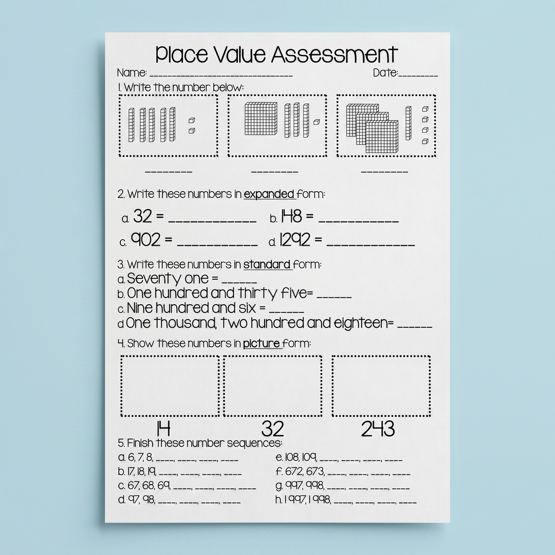 A Place Value Assessment worksheet with black-and-white illustrations of base ten blocks and sections for writing numbers in expanded and standard form, completing number sequences, and representing numbers as pictures. Decorated with colourful craft supplies at the bottom of the image.