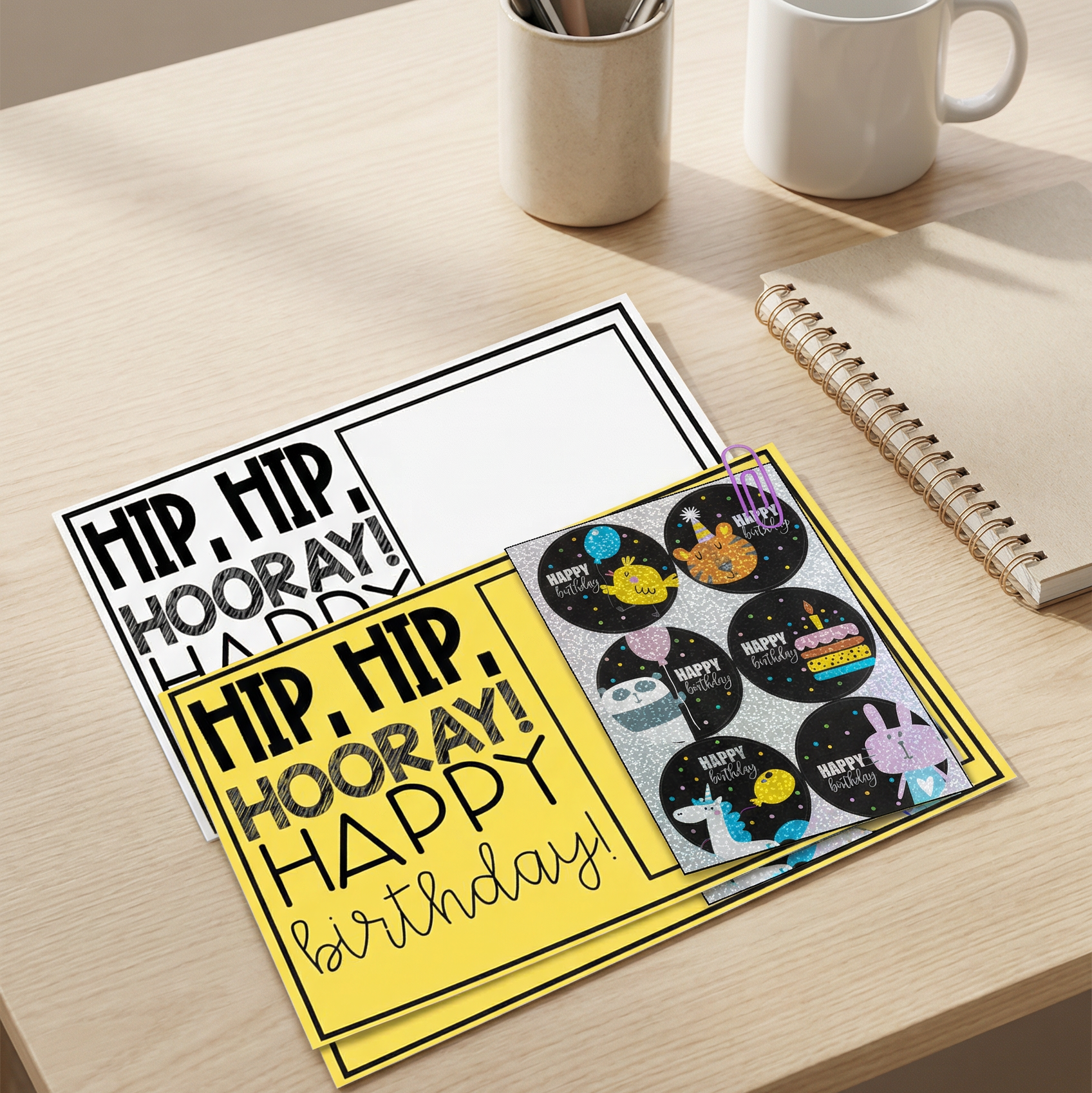 Two variations of a classroom birthday sign with "HIP, HIP, HOORAY! HAPPY birthday!" in bold text. One sign is black and white, while the other is yellow and holds a clipped sheet of sparkly animal-themed birthday stickers.