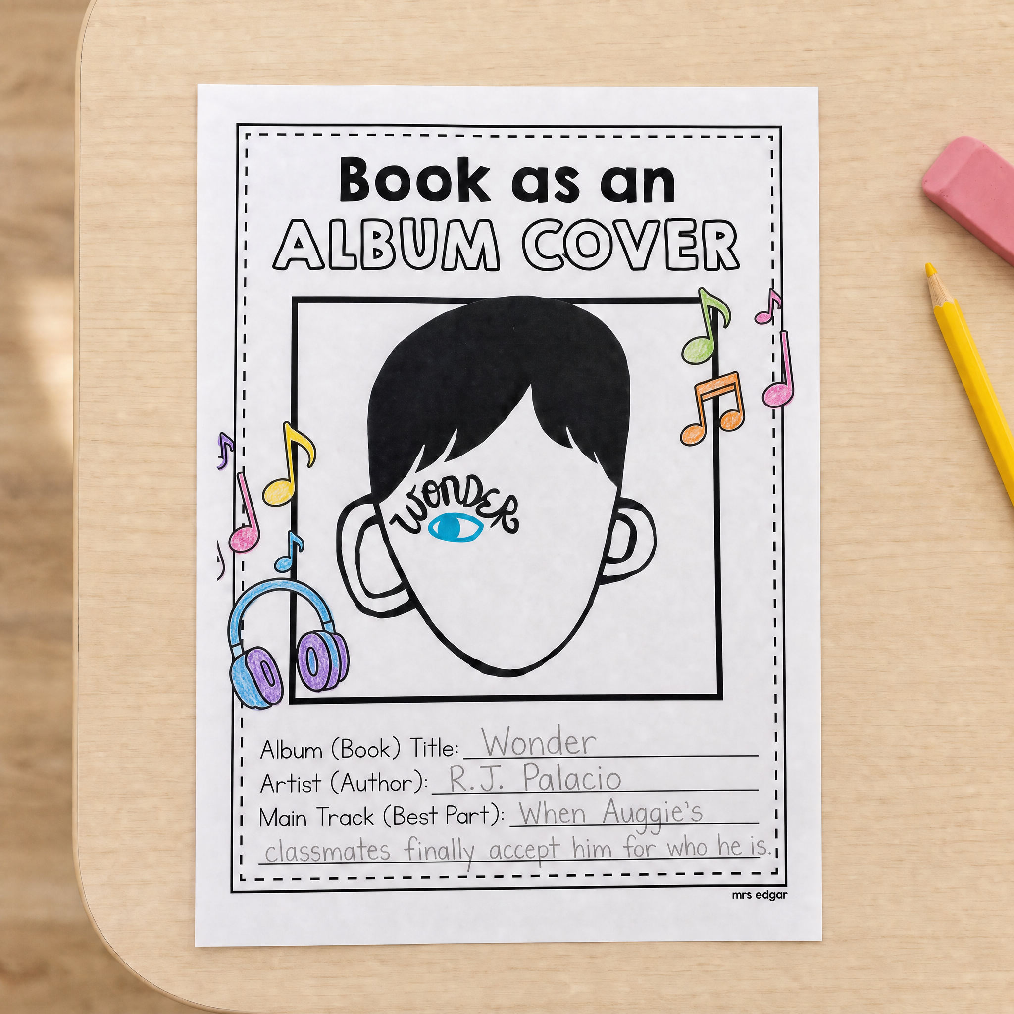 Completed Book as Album Cover worksheet for Wonder by R.J. Palacio with coloured musical note decorations.