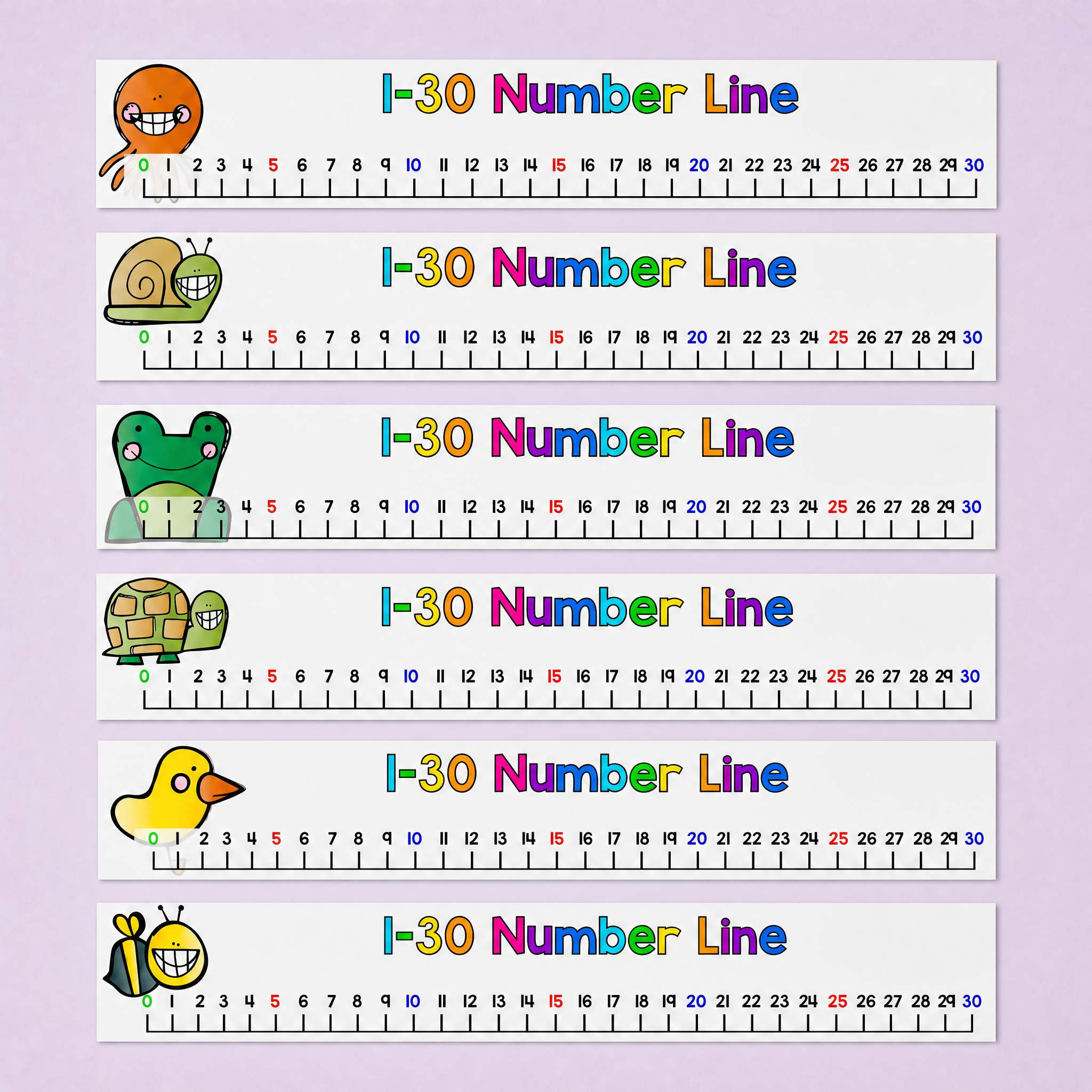 Rainbow 1–30 number line strips with cute animal illustrations, designed for counting practice, number recognition and early years maths activities.