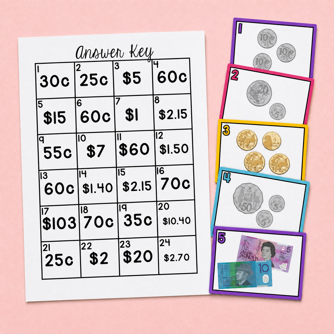 Australian money answer key featuring Australian coins and notes counting activity, money maths answers sheet and currency recognition practice.
