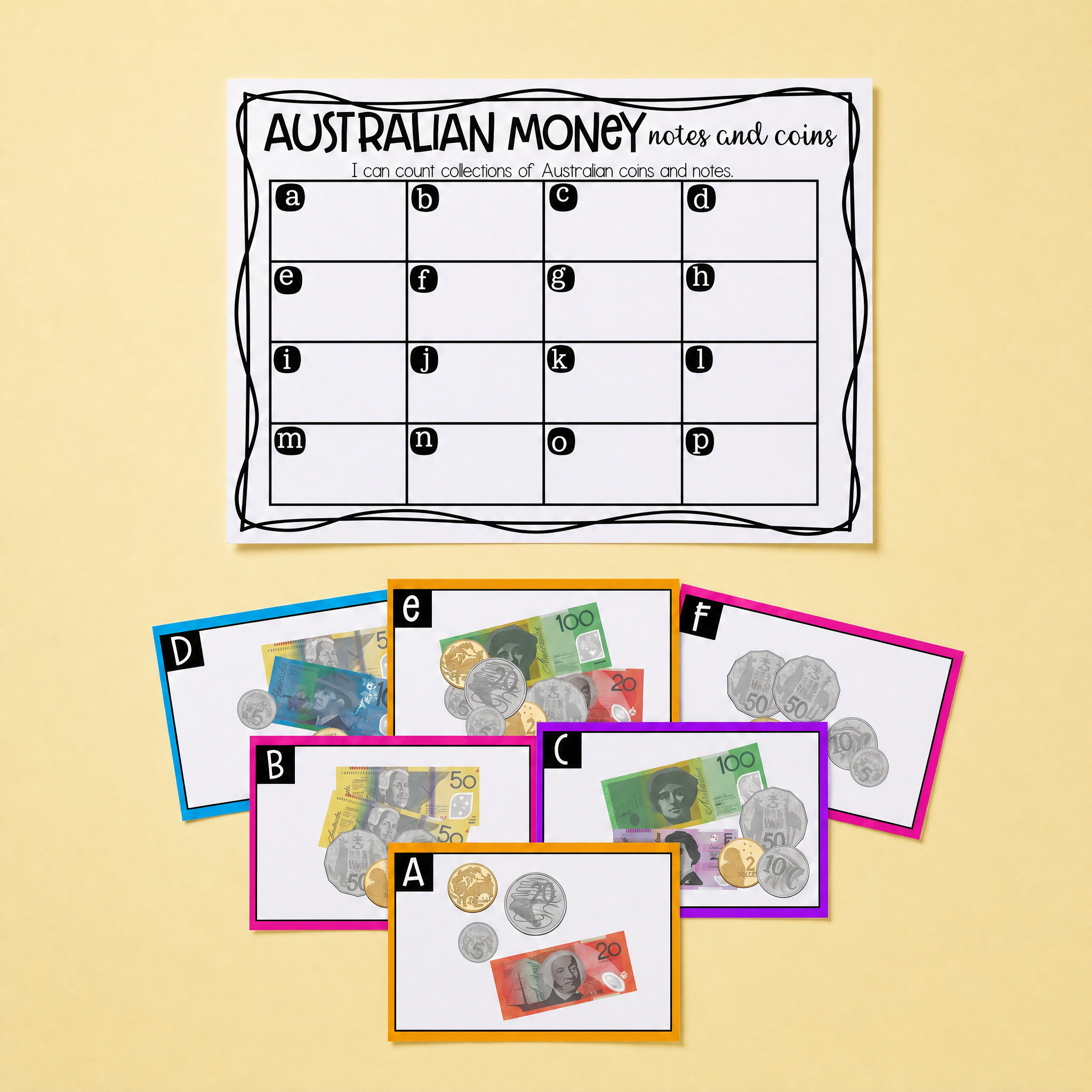 Australian money counting activity with Australian notes and coins matching cards, classroom money worksheet and currency recognition task.