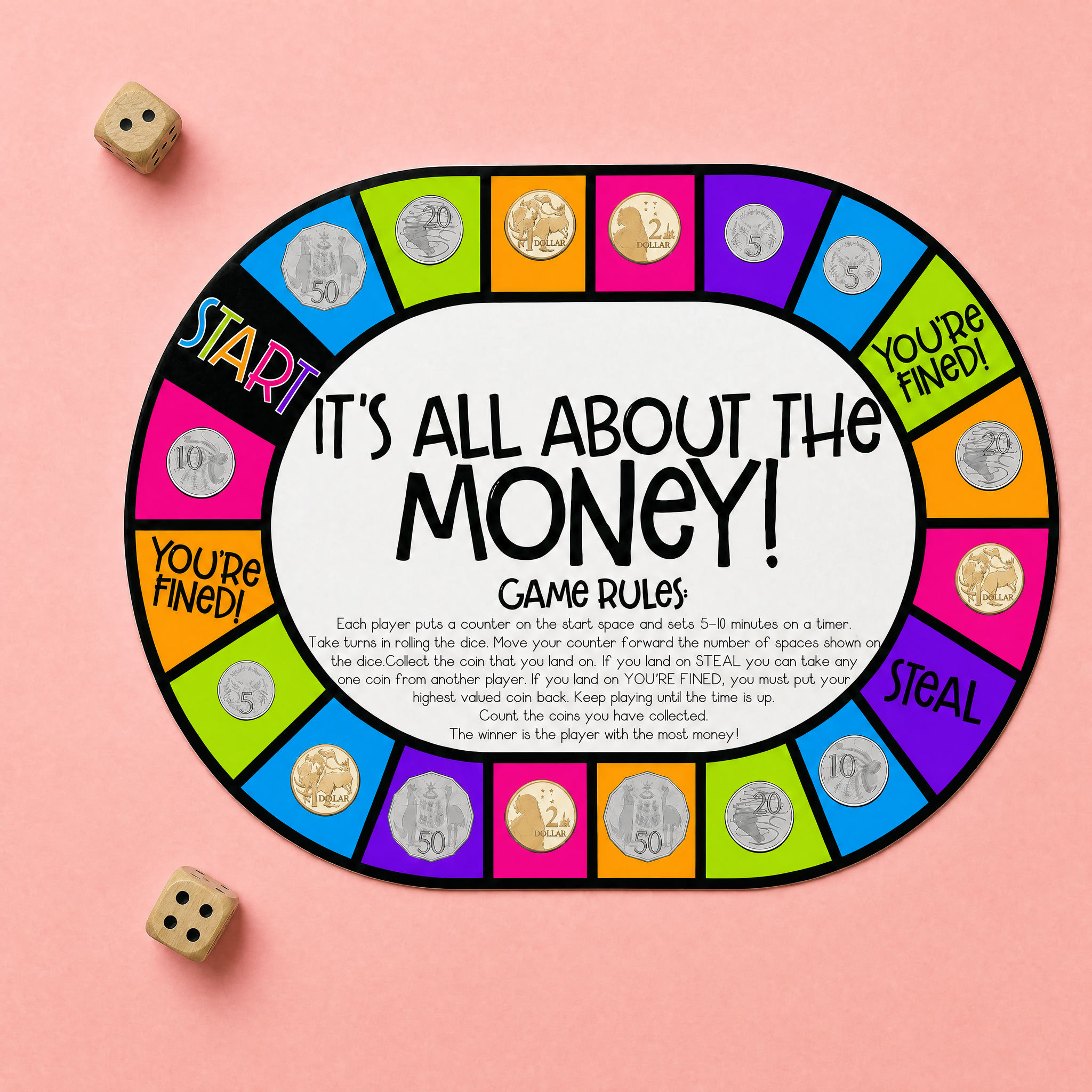 Australian money board game featuring Australian coins, counting money activities, maths game board and hands-on currency learning task.
