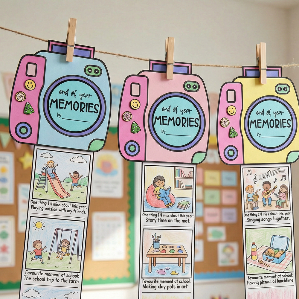 Three colorful “End of Year Memories” camera crafts hang on a string with wooden pegs in a classroom. Each camera design is decorated in pastel shades and includes a pull-out photo strip with illustrated student memories and writing prompts. The memory strips feature scenes such as playing outside, story time, singing songs, art activities, and school excursions. The classroom background is softly blurred with student work displayed on bulletin boards.
