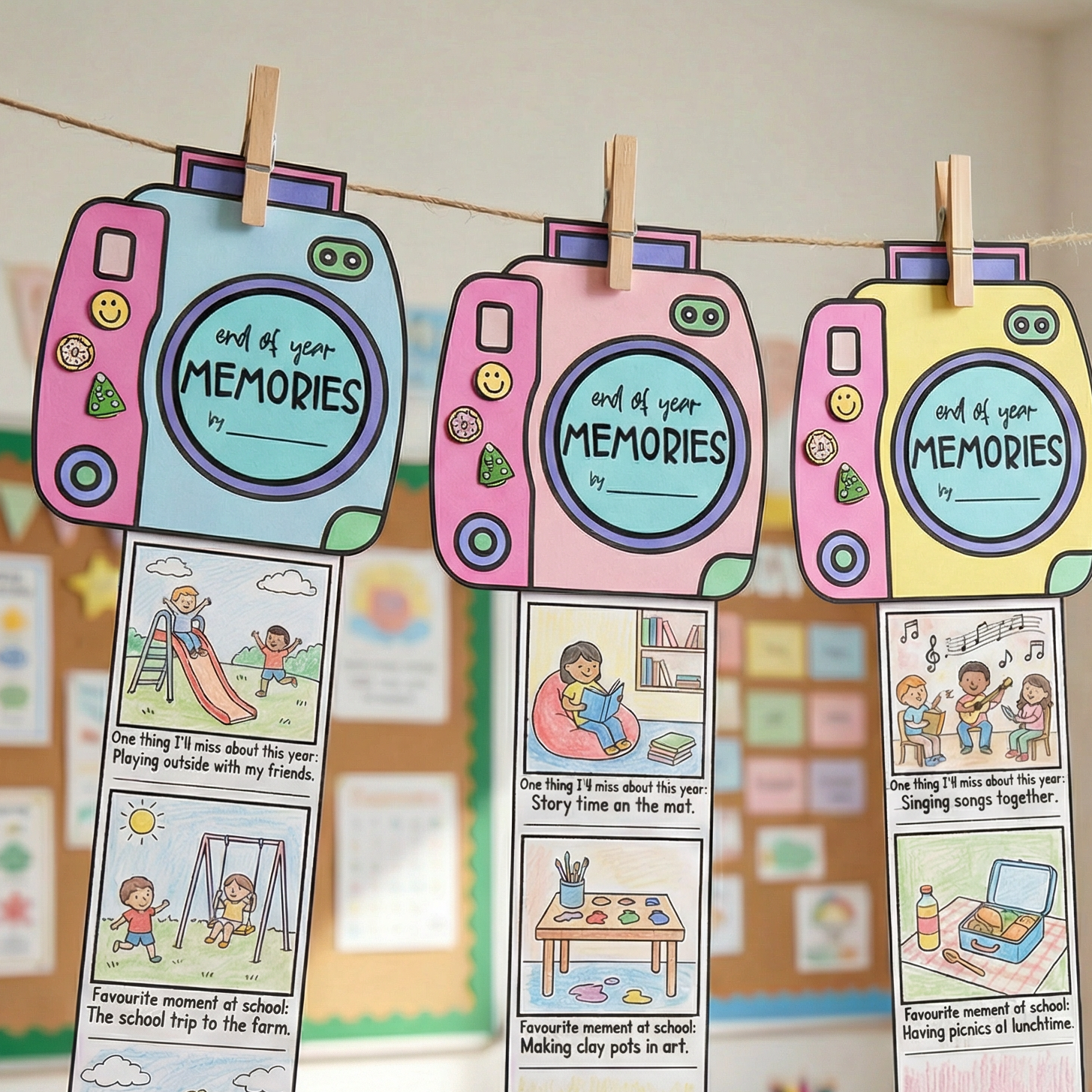 Three colorful “End of Year Memories” camera crafts hang on a string with wooden pegs in a classroom. Each camera design is decorated in pastel shades and includes a pull-out photo strip with illustrated student memories and writing prompts. The memory strips feature scenes such as playing outside, story time, singing songs, art activities, and school excursions. The classroom background is softly blurred with student work displayed on bulletin boards.
