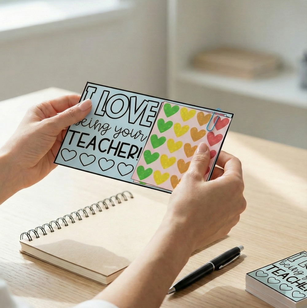 A blue classroom sign that says, "I LOVE being your TEACHER!" with a row of outlined hearts at the bottom. A colorful sheet of heart stickers in green, yellow, and red is clipped to the sign.