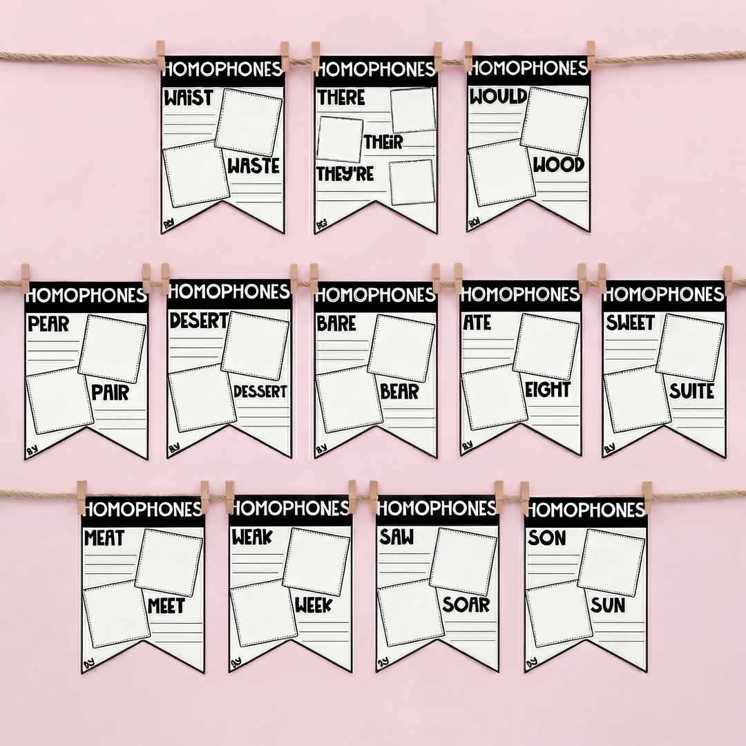 A set of black-and-white classroom bunting posters labeled “Homophones,” each showing pairs of words such as waist/waste, there/their/they’re, would/wood, pear/pair, desert/dessert, bare/bear, ate/eight, sweet/suite, meat/meet, weak/week, saw/soar, and son/sun, clipped to strings against a soft pink background