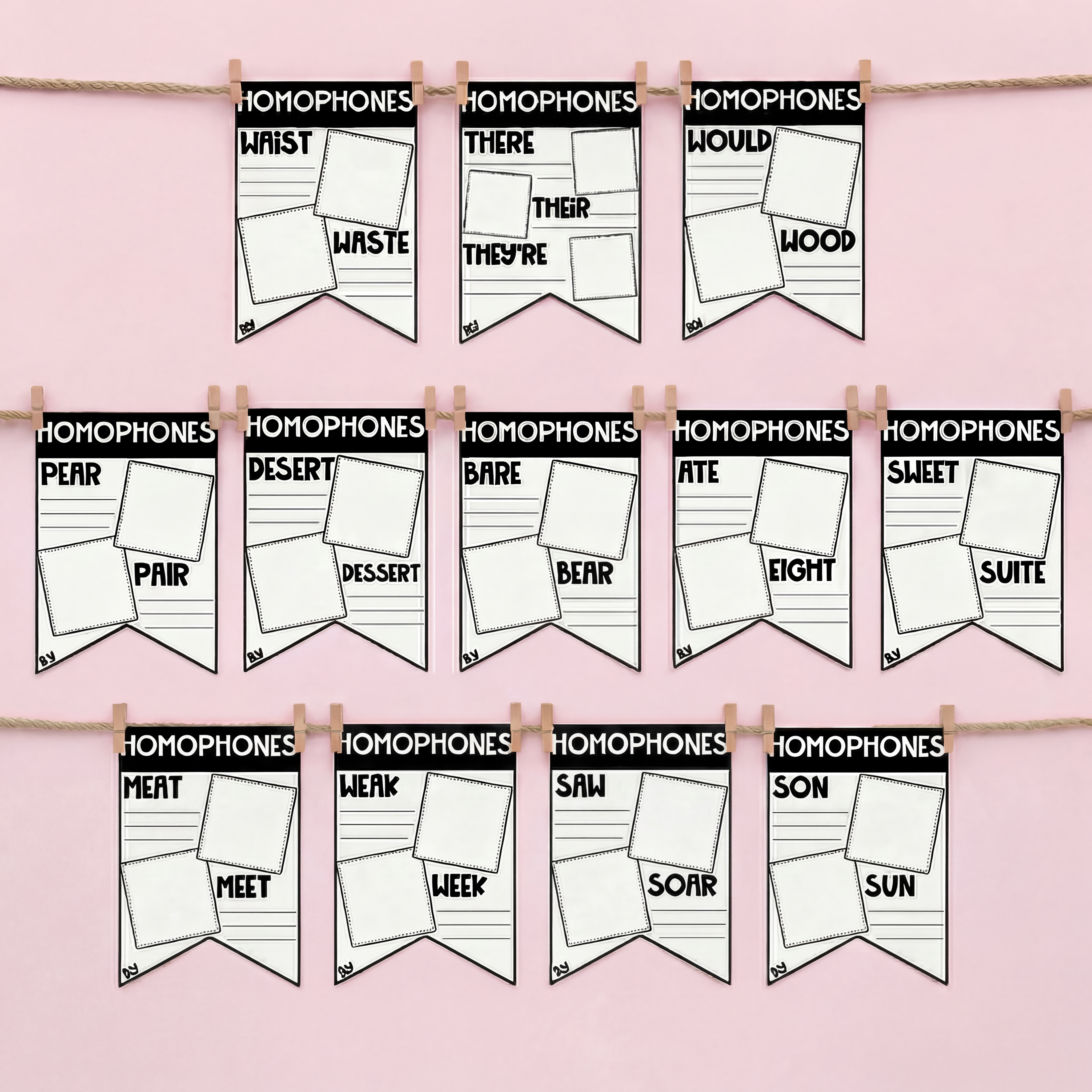 Black-and-white homophones pennant worksheets hang on clotheslines against a pale pink background. Each “HOMOPHONES” banner features word pairs like “waist/waste,” “pear/pair,” and “sweet/suite,” with spaces for writing and illustrations to support classroom literacy activities.