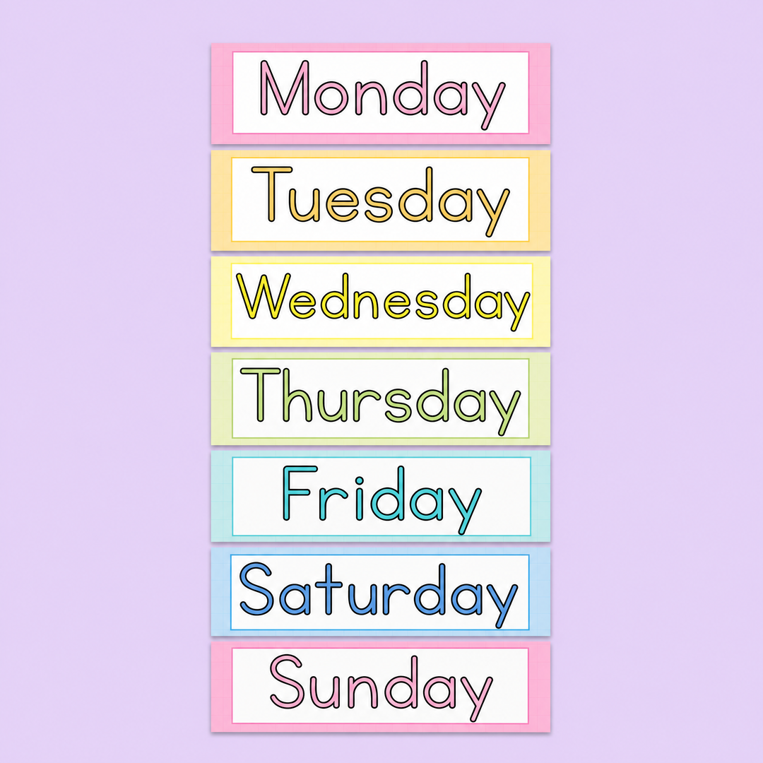 Pastel classroom day-of-the-week labels displaying Monday through Sunday in colourful bordered rectangles, ideal for classroom calendar displays and organisation.