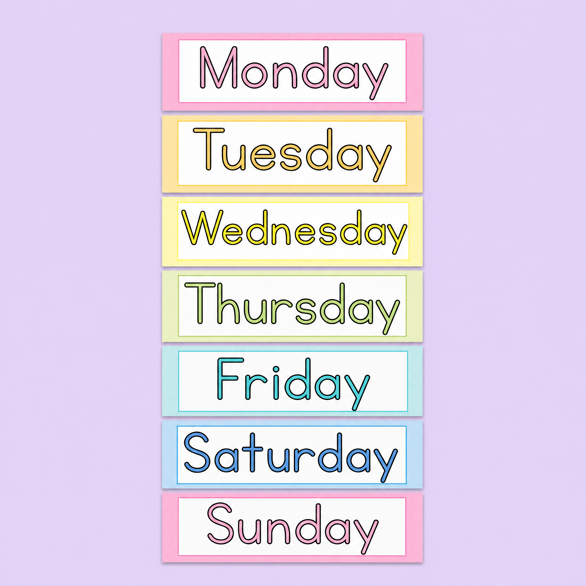 Pastel classroom day-of-the-week labels displaying Monday through Sunday in colourful bordered rectangles, ideal for classroom calendar displays and organisation.