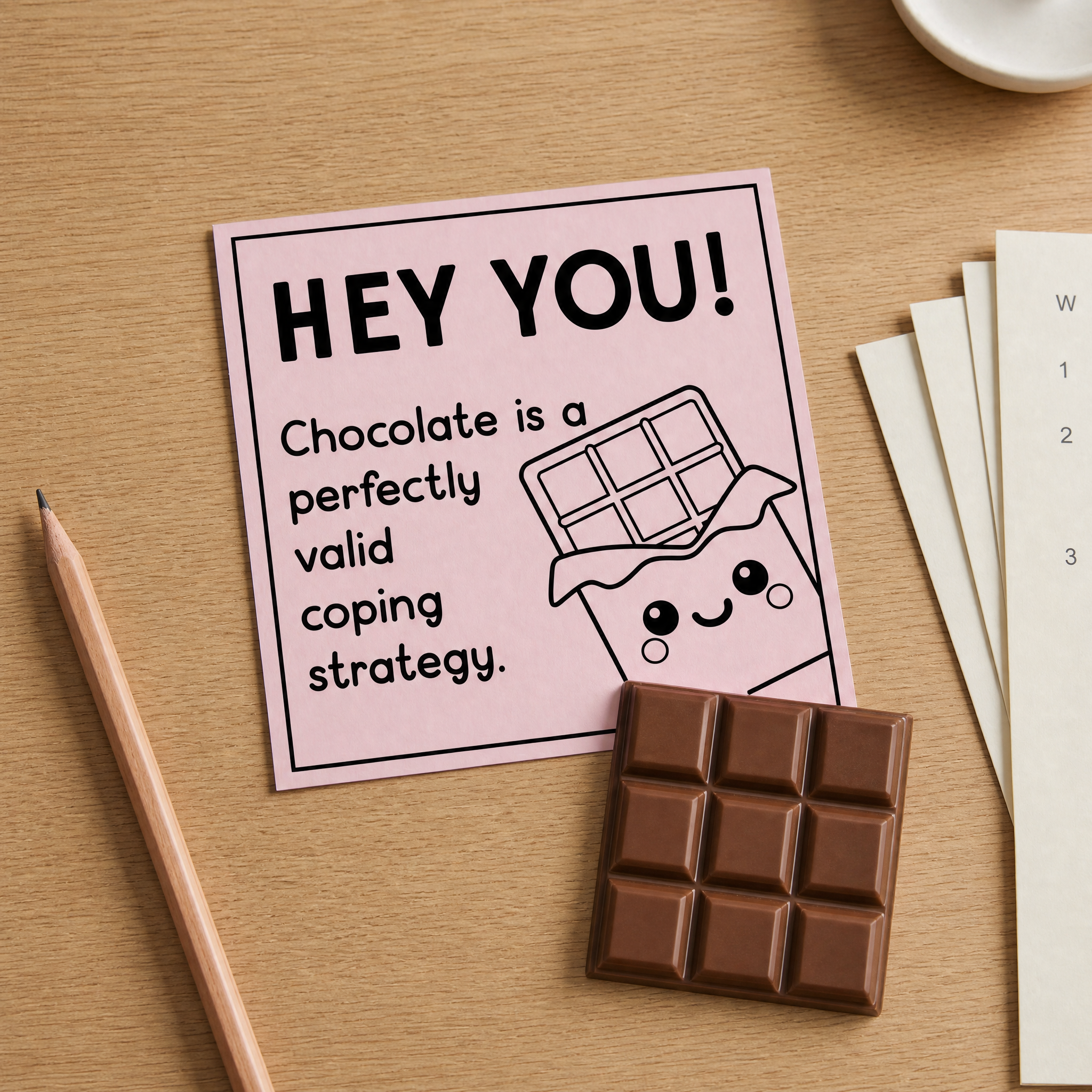 Funny chocolate themed encouragement card with cute kawaii chocolate illustration, perfect for teacher gifts and staff appreciation.
