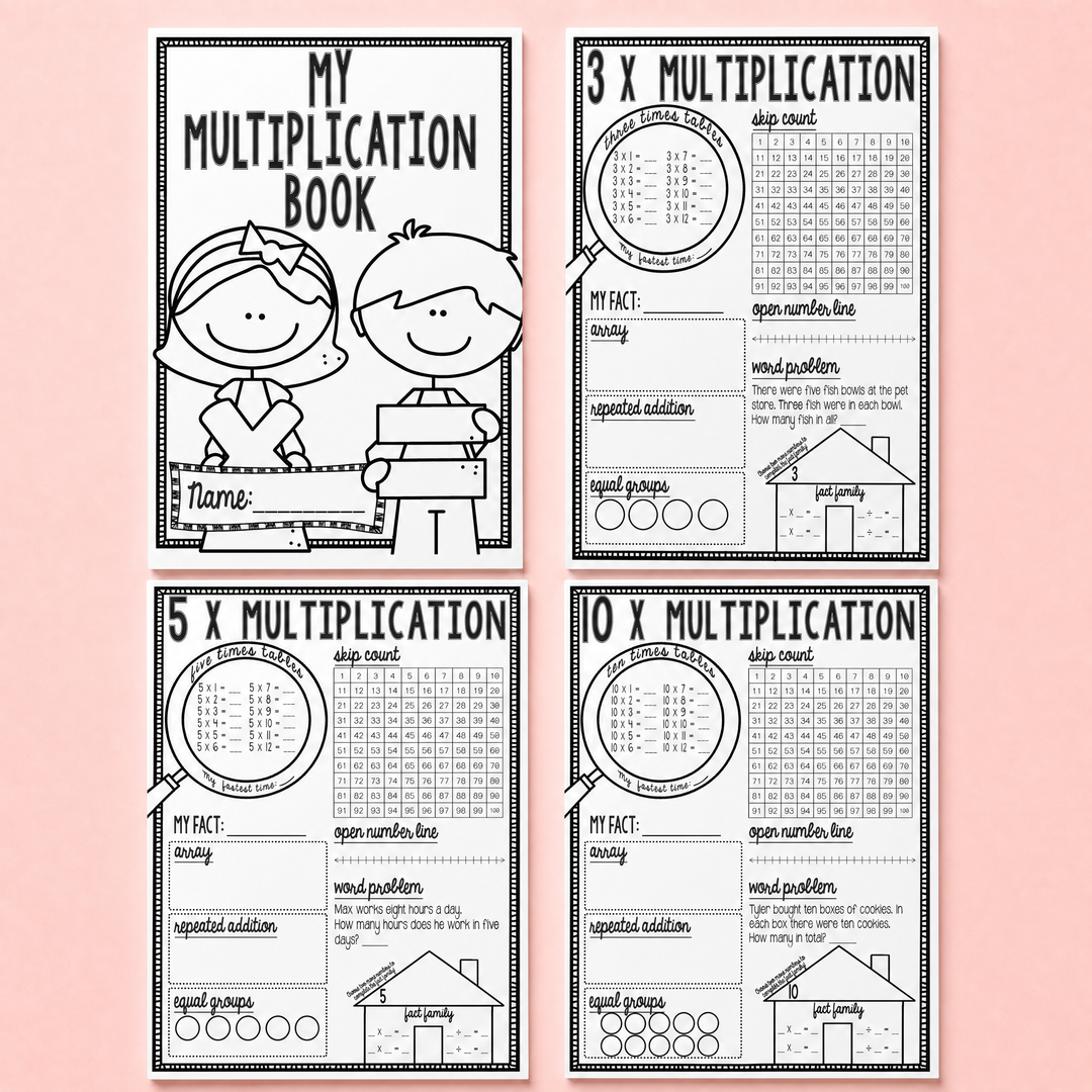 Set of multiplication worksheets for 3x, 5x, and 10x tables on a pink background.