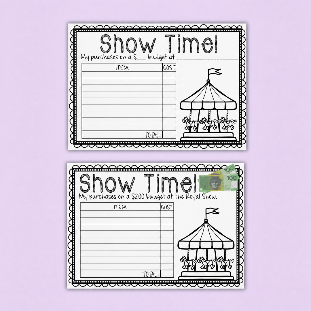 A budgeting and money management worksheet where students plan purchases within a set spending limit, record item costs, and calculate totals. Great for practising addition with money, financial literacy, estimating costs, and real-world maths through engaging “Royal Show” shopping scenarios.
