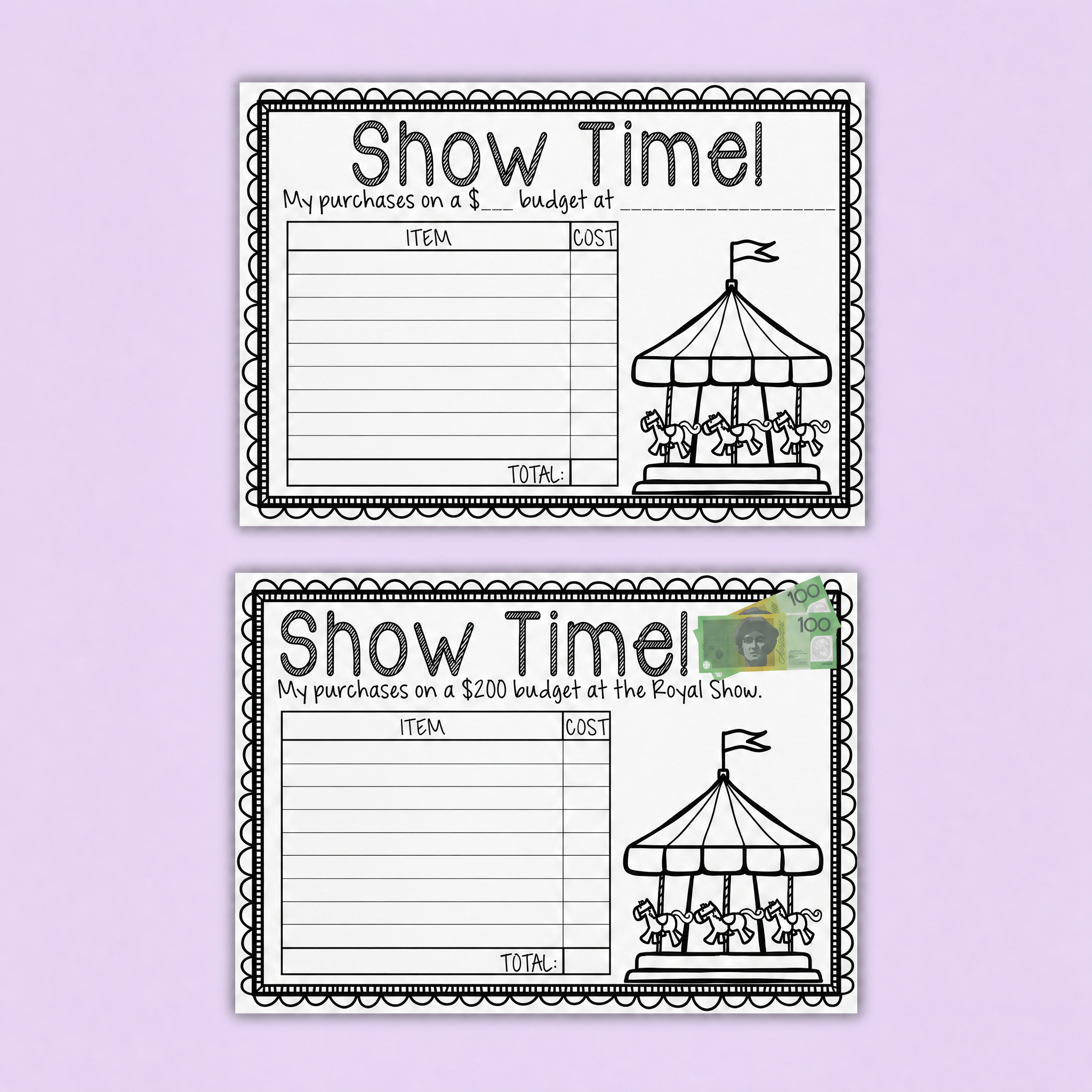 A budgeting and money management worksheet where students plan purchases within a set spending limit, record item costs, and calculate totals. Great for practising addition with money, financial literacy, estimating costs, and real-world maths through engaging “Royal Show” shopping scenarios.
